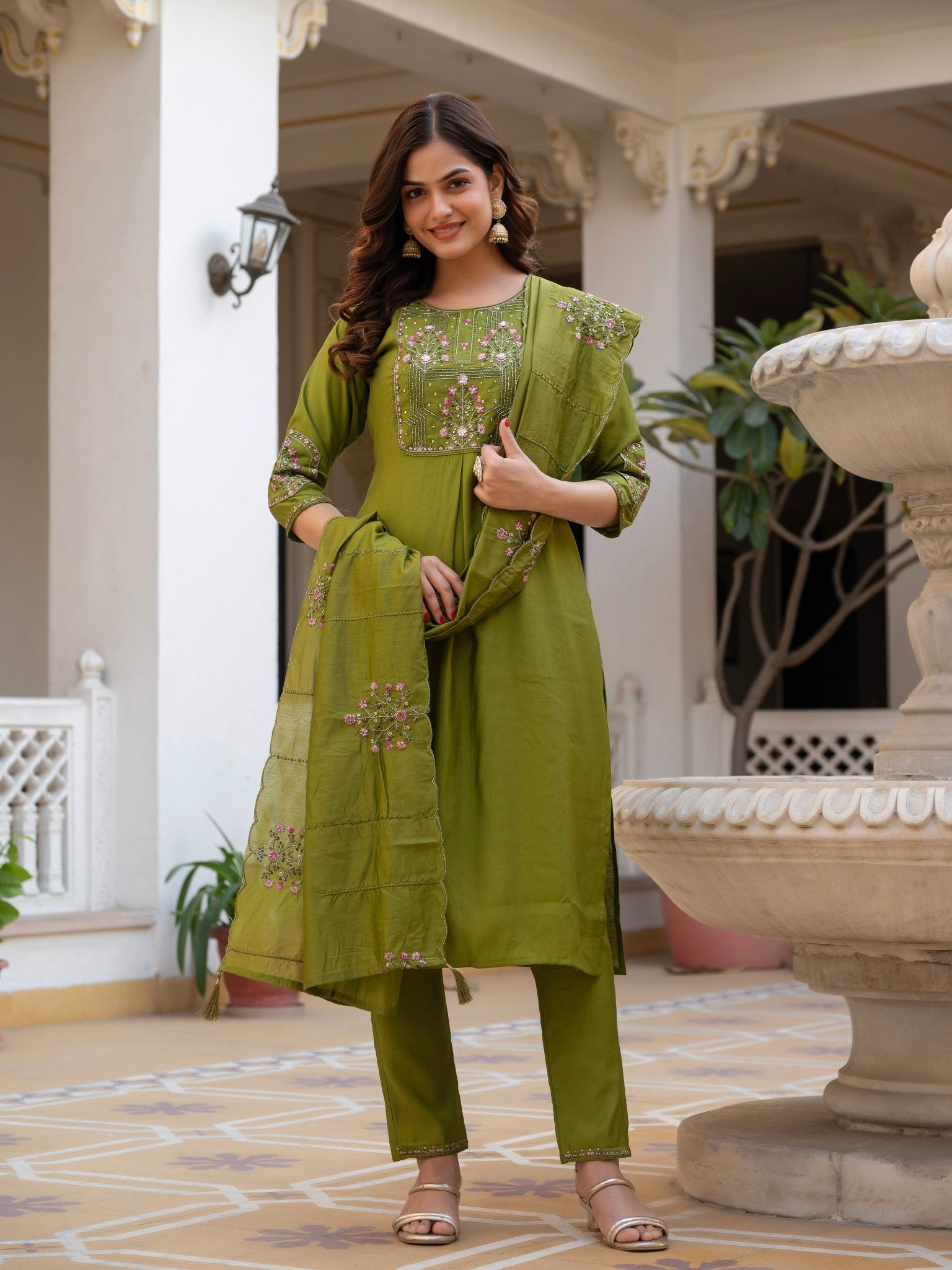 Designer Mango Silk Kurti Set with Heavy Embroidery & Maslin Dupatta - Kalanandi the art of timeless fashion - Straight Kurti Pant Dupatta Set