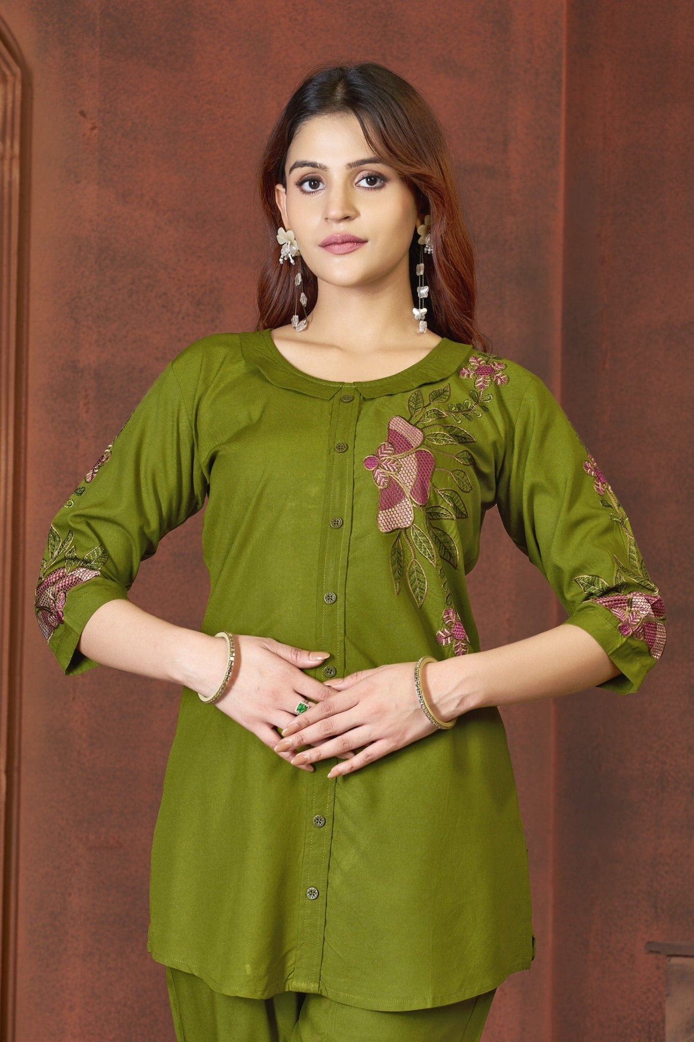 Elegant Floral Embroidery Rayon Co - Ord Set for Women – Straight Pant Style - Kalanandi the art of timeless fashion - Co - Ord Set