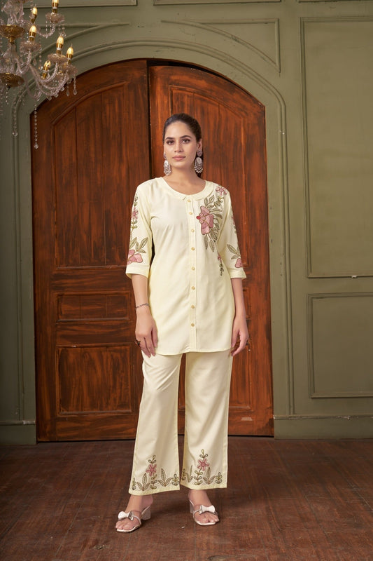 Elegant Floral Embroidery Rayon Co - Ord Set for Women – Straight Pant Style - Kalanandi the art of timeless fashion - Co - Ord Set
