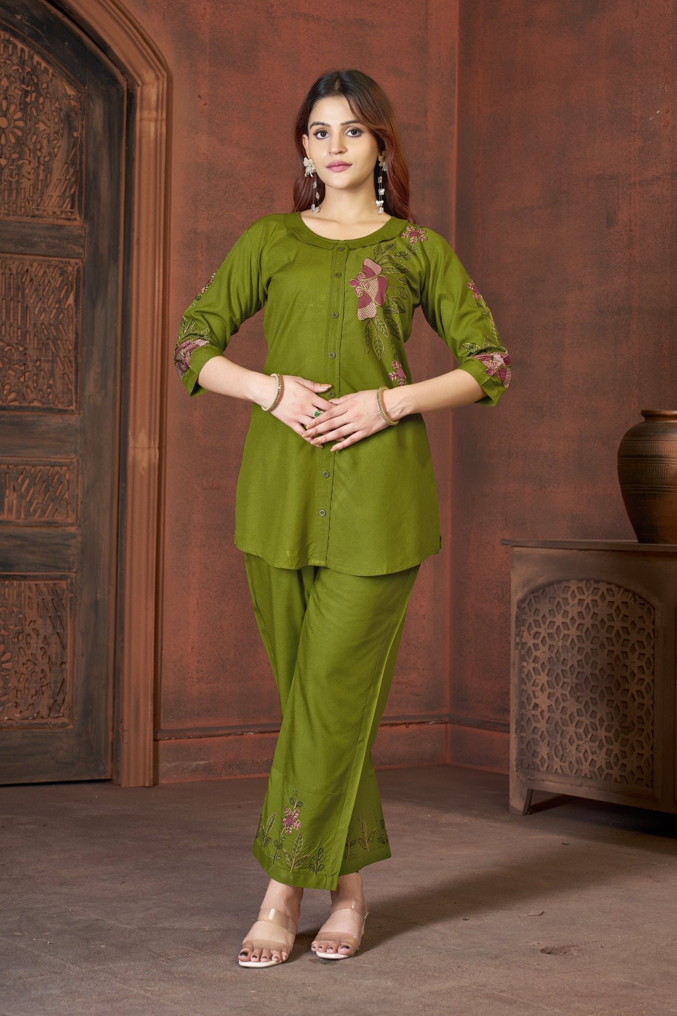 Elegant Floral Embroidery Rayon Co - Ord Set for Women – Straight Pant Style - Kalanandi the art of timeless fashion - Co - Ord Set