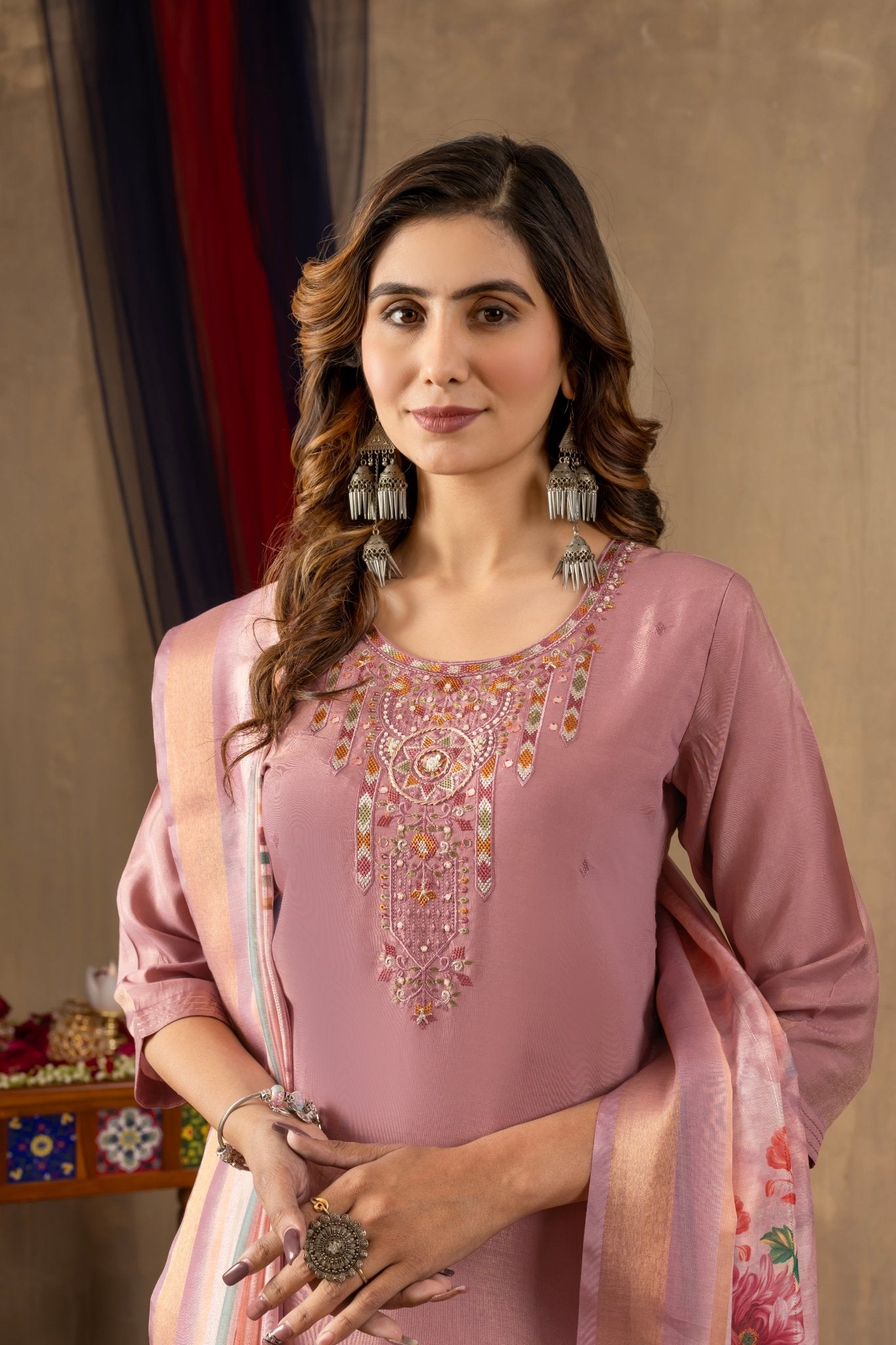 Embroidered Shimmer Silk Straight Kurti Pant Dupatta Set | Premium Festive Wear for Women - Kalanandi the art of timeless fashion - Straight Kurti Pant Dupatta Set