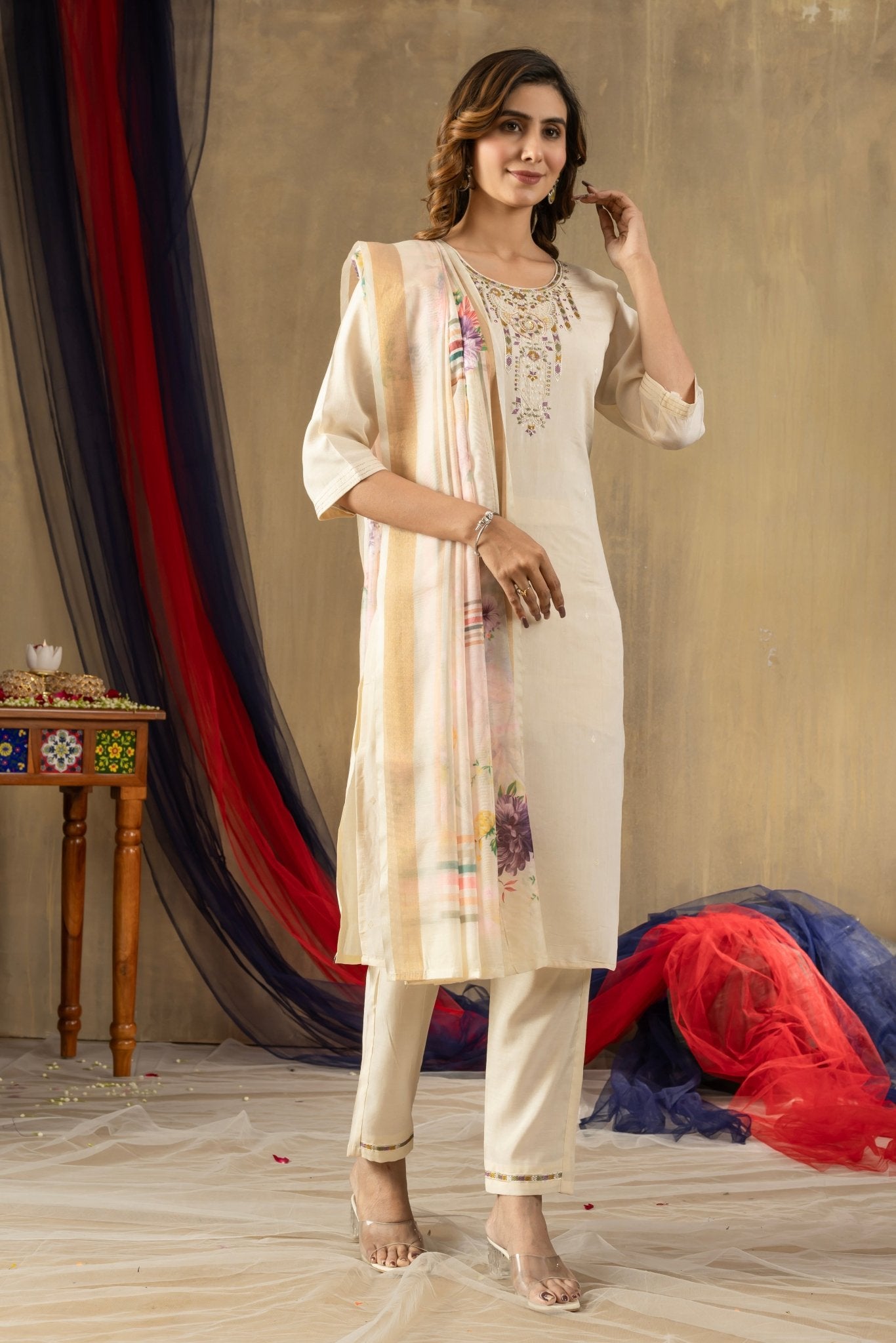 Embroidered Shimmer Silk Straight Kurti Pant Dupatta Set | Premium Festive Wear for Women - Kalanandi the art of timeless fashion - Straight Kurti Pant Dupatta Set