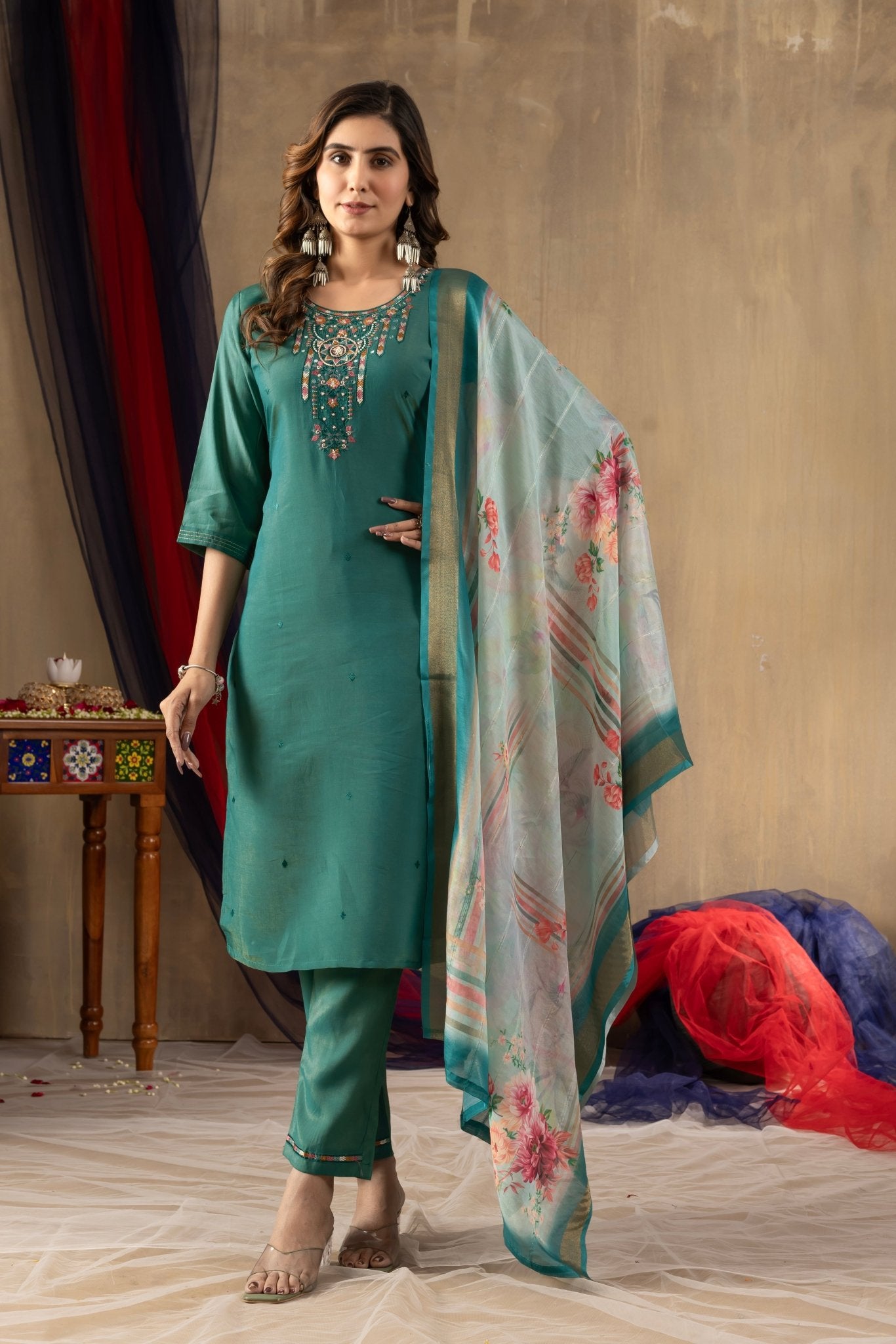 Embroidered Shimmer Silk Straight Kurti Pant Dupatta Set | Premium Festive Wear for Women - Kalanandi the art of timeless fashion - Straight Kurti Pant Dupatta Set
