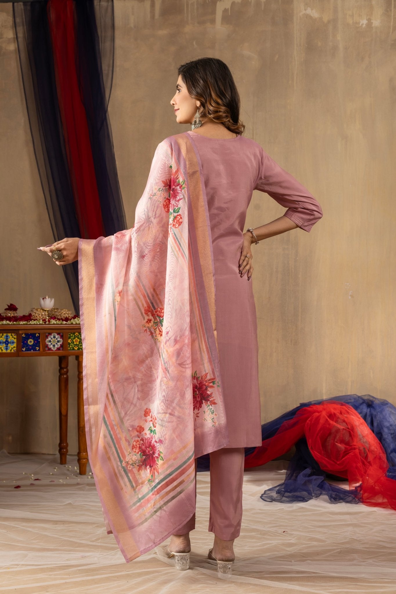 Embroidered Shimmer Silk Straight Kurti Pant Dupatta Set | Premium Festive Wear for Women - Kalanandi the art of timeless fashion - Straight Kurti Pant Dupatta Set