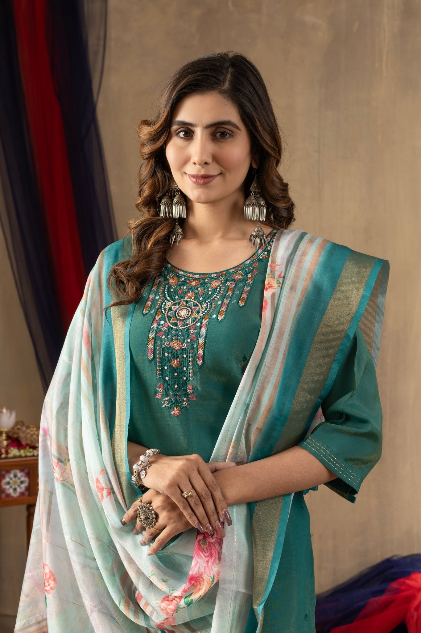 Embroidered Shimmer Silk Straight Kurti Pant Dupatta Set | Premium Festive Wear for Women - Kalanandi the art of timeless fashion - Straight Kurti Pant Dupatta Set