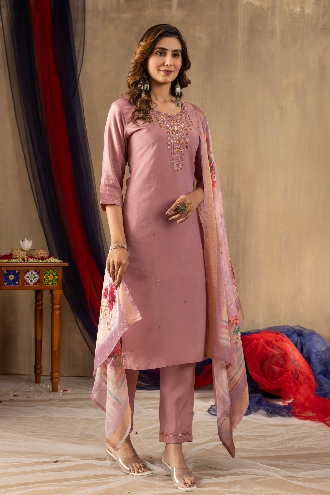 Embroidered Shimmer Silk Straight Kurti Pant Dupatta Set | Premium Festive Wear for Women - Kalanandi the art of timeless fashion - Straight Kurti Pant Dupatta Set