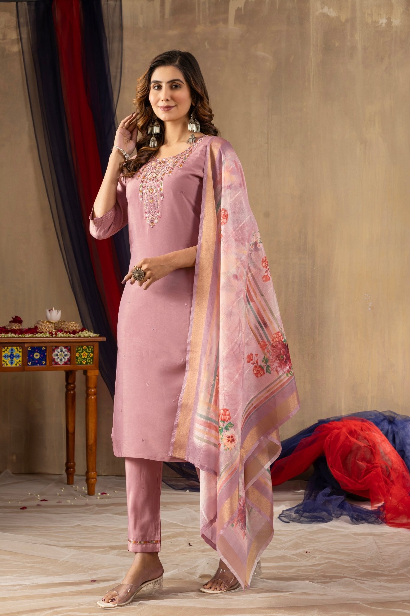 Embroidered Shimmer Silk Straight Kurti Pant Dupatta Set | Premium Festive Wear for Women - Kalanandi the art of timeless fashion - Straight Kurti Pant Dupatta Set