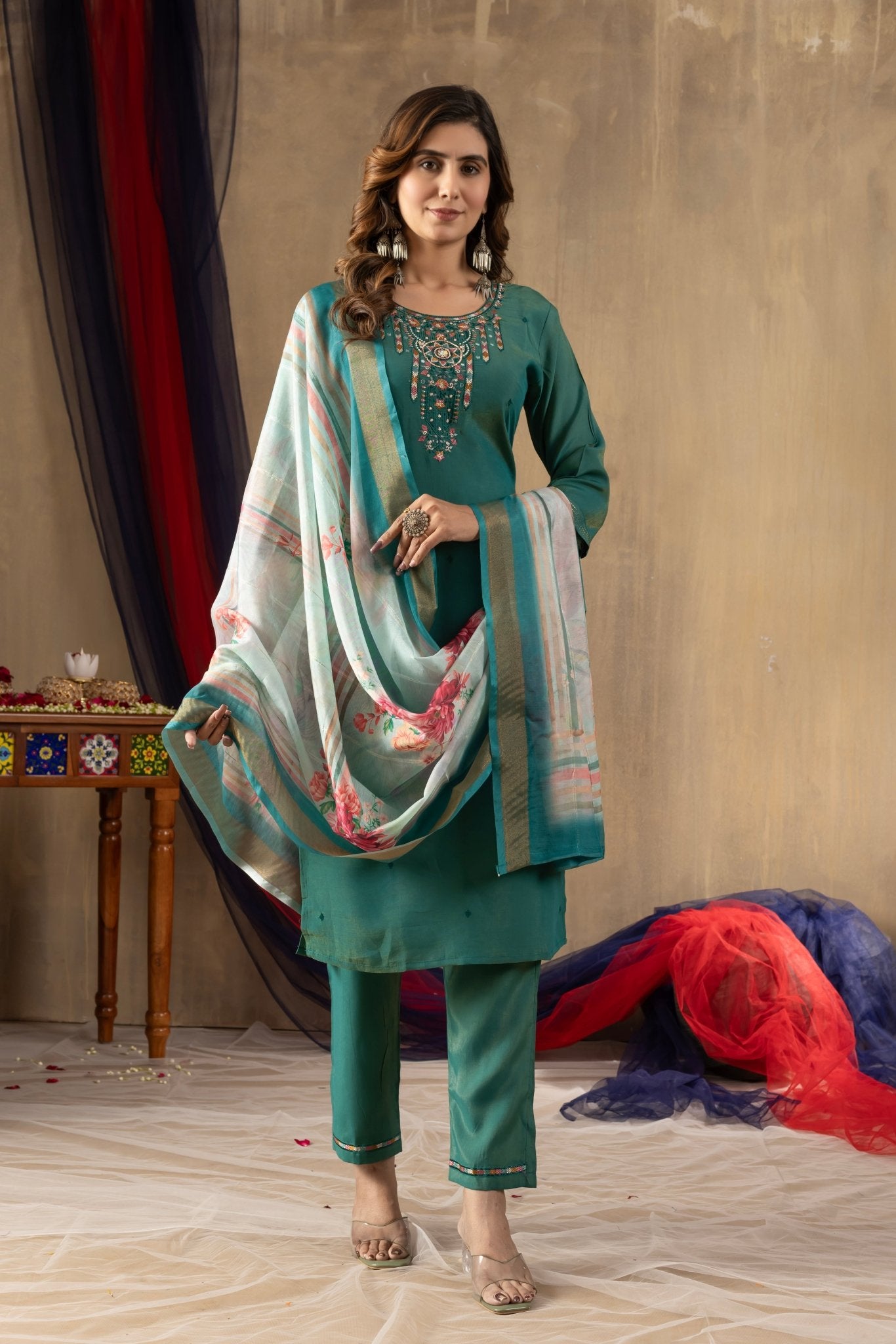 Embroidered Shimmer Silk Straight Kurti Pant Dupatta Set | Premium Festive Wear for Women - Kalanandi the art of timeless fashion - Straight Kurti Pant Dupatta Set