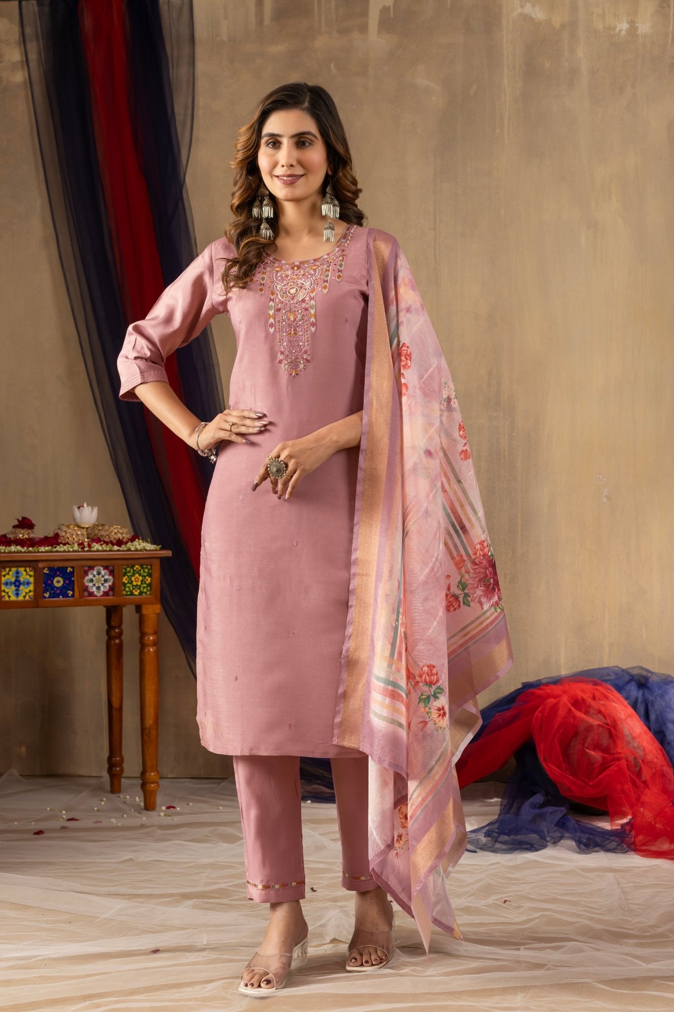 Embroidered Shimmer Silk Straight Kurti Pant Dupatta Set | Premium Festive Wear for Women - Kalanandi the art of timeless fashion - Straight Kurti Pant Dupatta Set