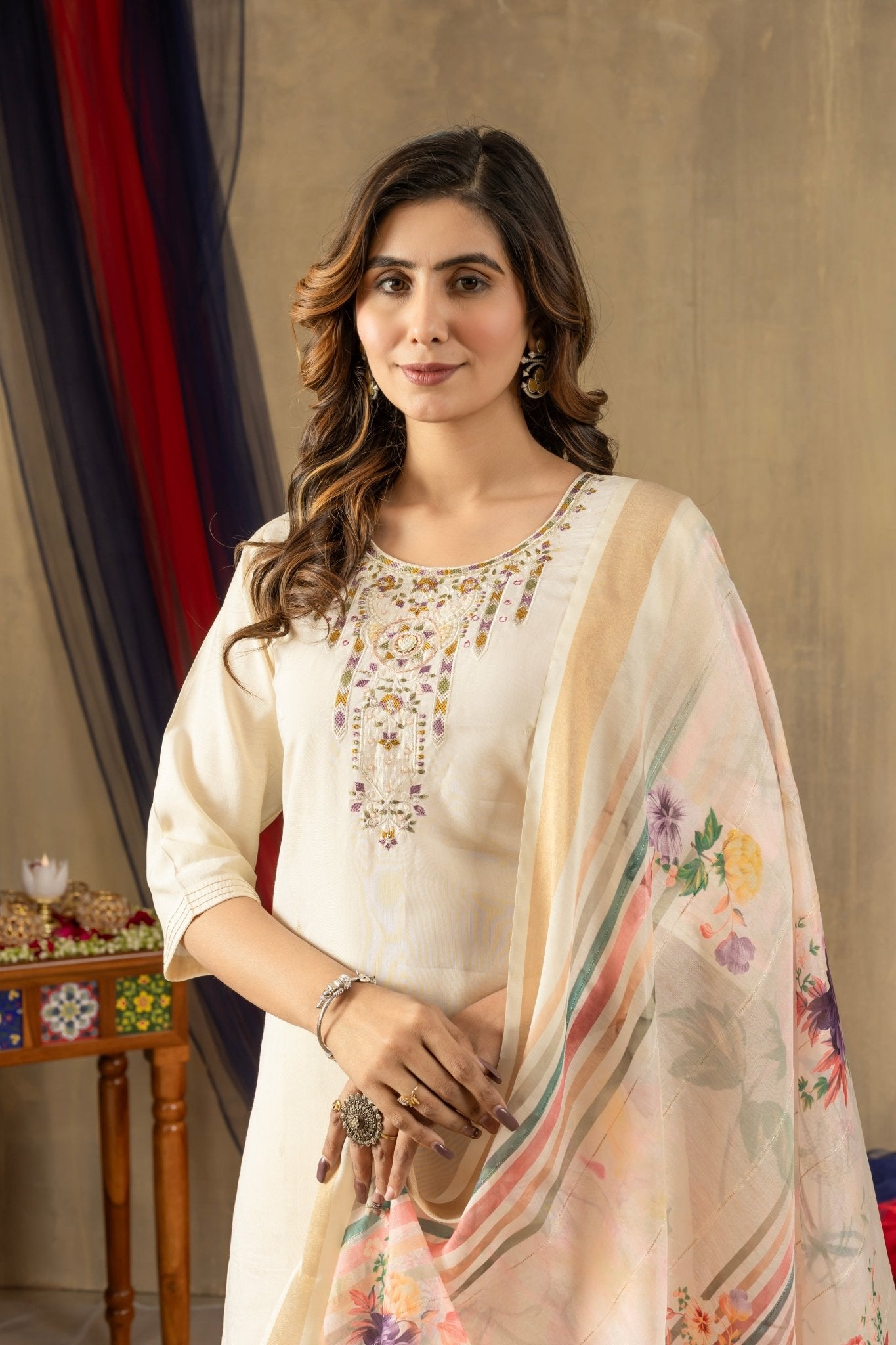 Embroidered Shimmer Silk Straight Kurti Pant Dupatta Set | Premium Festive Wear for Women - Kalanandi the art of timeless fashion - Straight Kurti Pant Dupatta Set