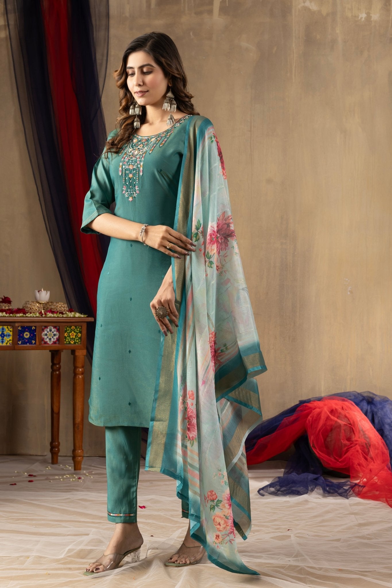 Embroidered Shimmer Silk Straight Kurti Pant Dupatta Set | Premium Festive Wear for Women - Kalanandi the art of timeless fashion - Straight Kurti Pant Dupatta Set