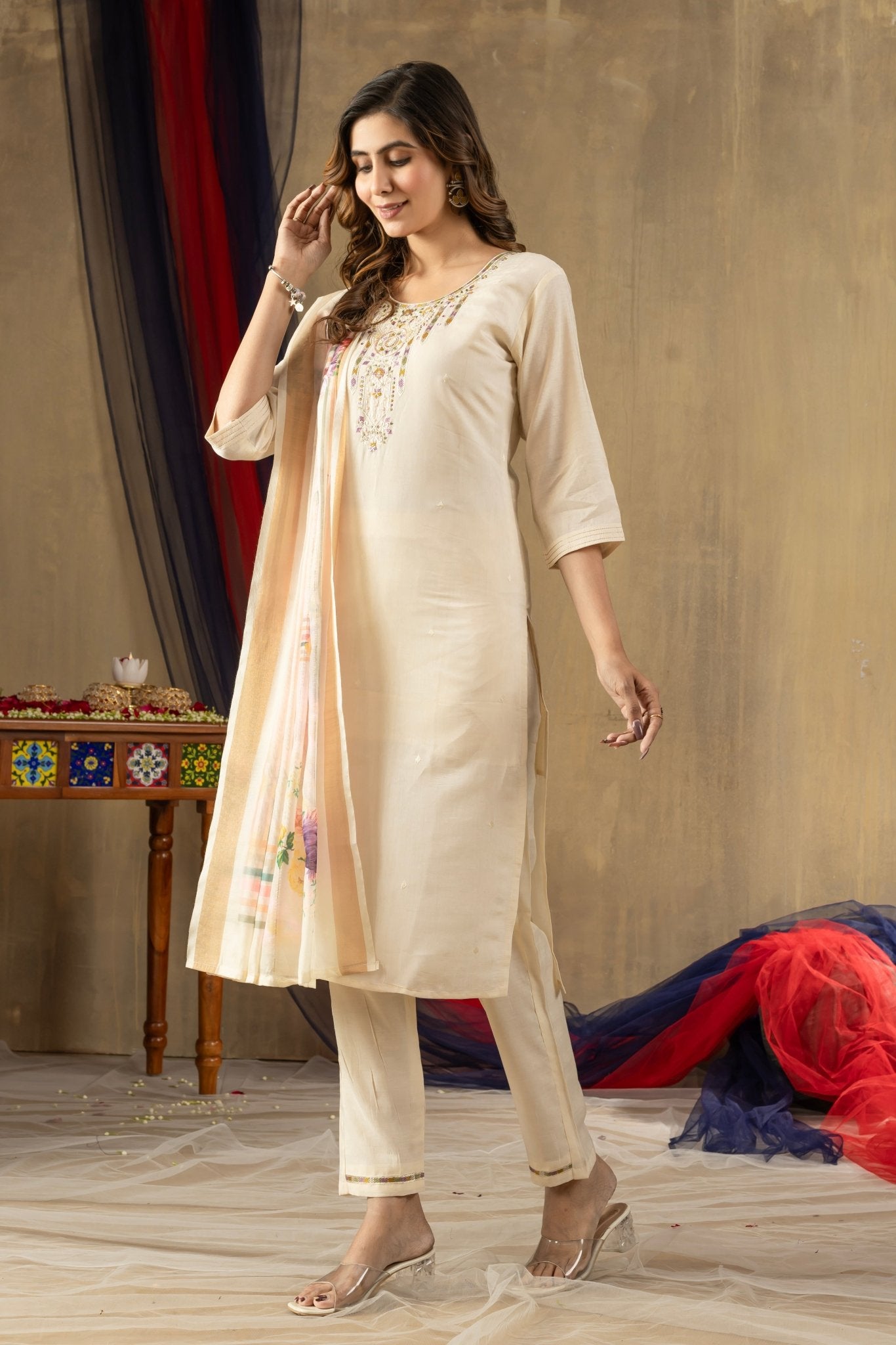 Embroidered Shimmer Silk Straight Kurti Pant Dupatta Set | Premium Festive Wear for Women - Kalanandi the art of timeless fashion - Straight Kurti Pant Dupatta Set