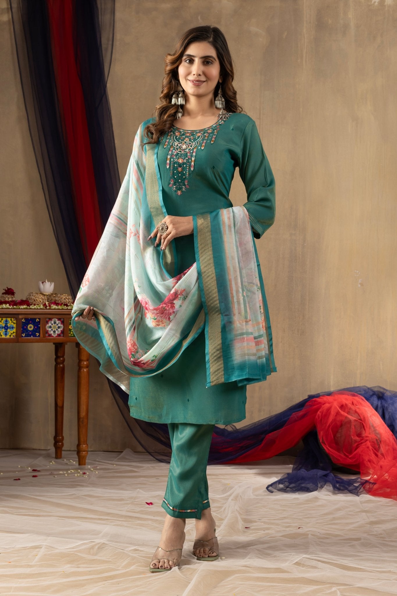 Embroidered Shimmer Silk Straight Kurti Pant Dupatta Set | Premium Festive Wear for Women - Kalanandi the art of timeless fashion - Straight Kurti Pant Dupatta Set