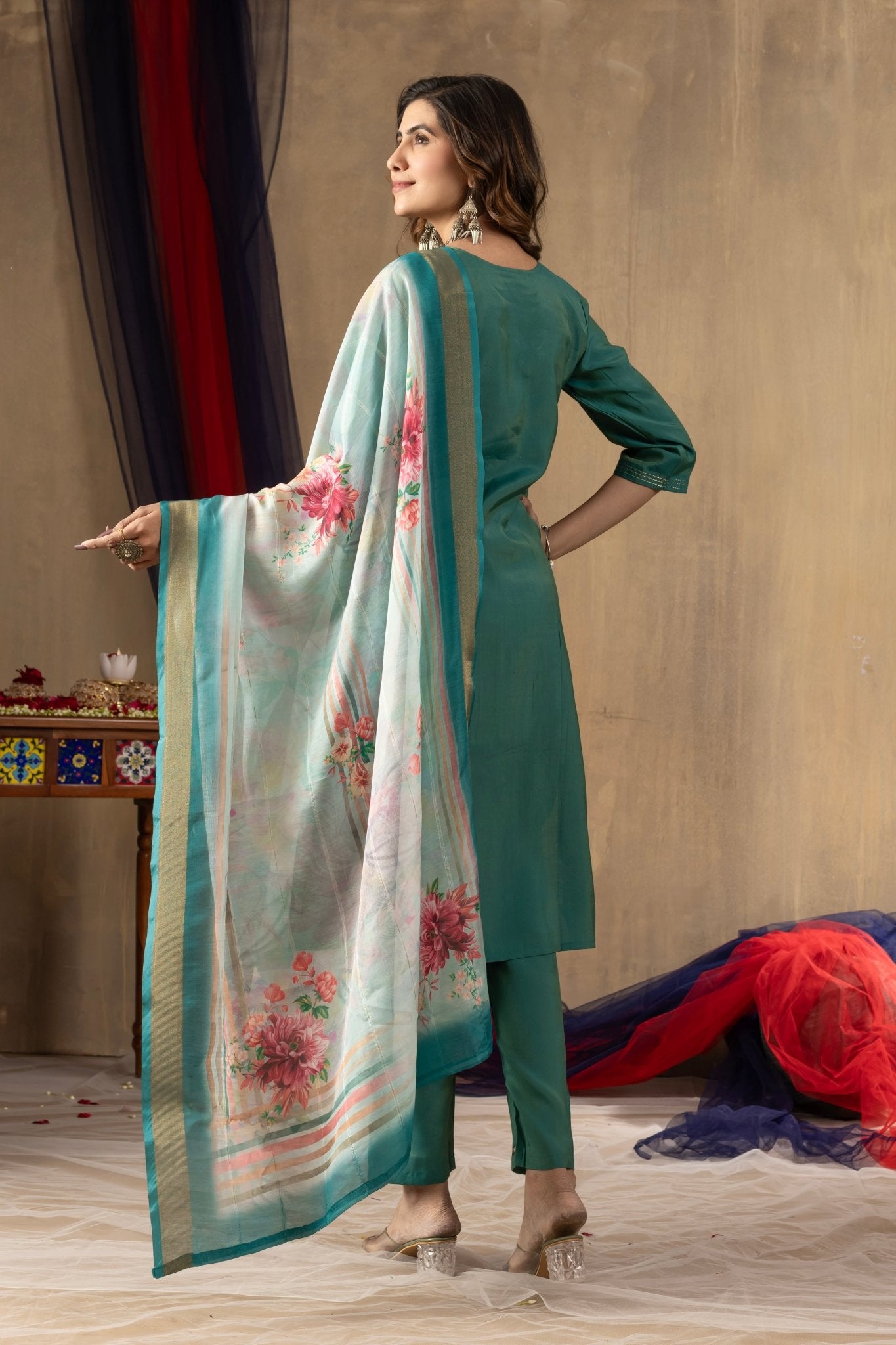 Embroidered Shimmer Silk Straight Kurti Pant Dupatta Set | Premium Festive Wear for Women - Kalanandi the art of timeless fashion - Straight Kurti Pant Dupatta Set