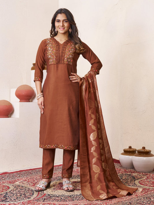 Luxury Roman Silk Embroidered Suit Set for Women | Festive & Traditional Wear - Kalanandi the art of timeless fashion - Straight Kurti Pant Dupatta Set