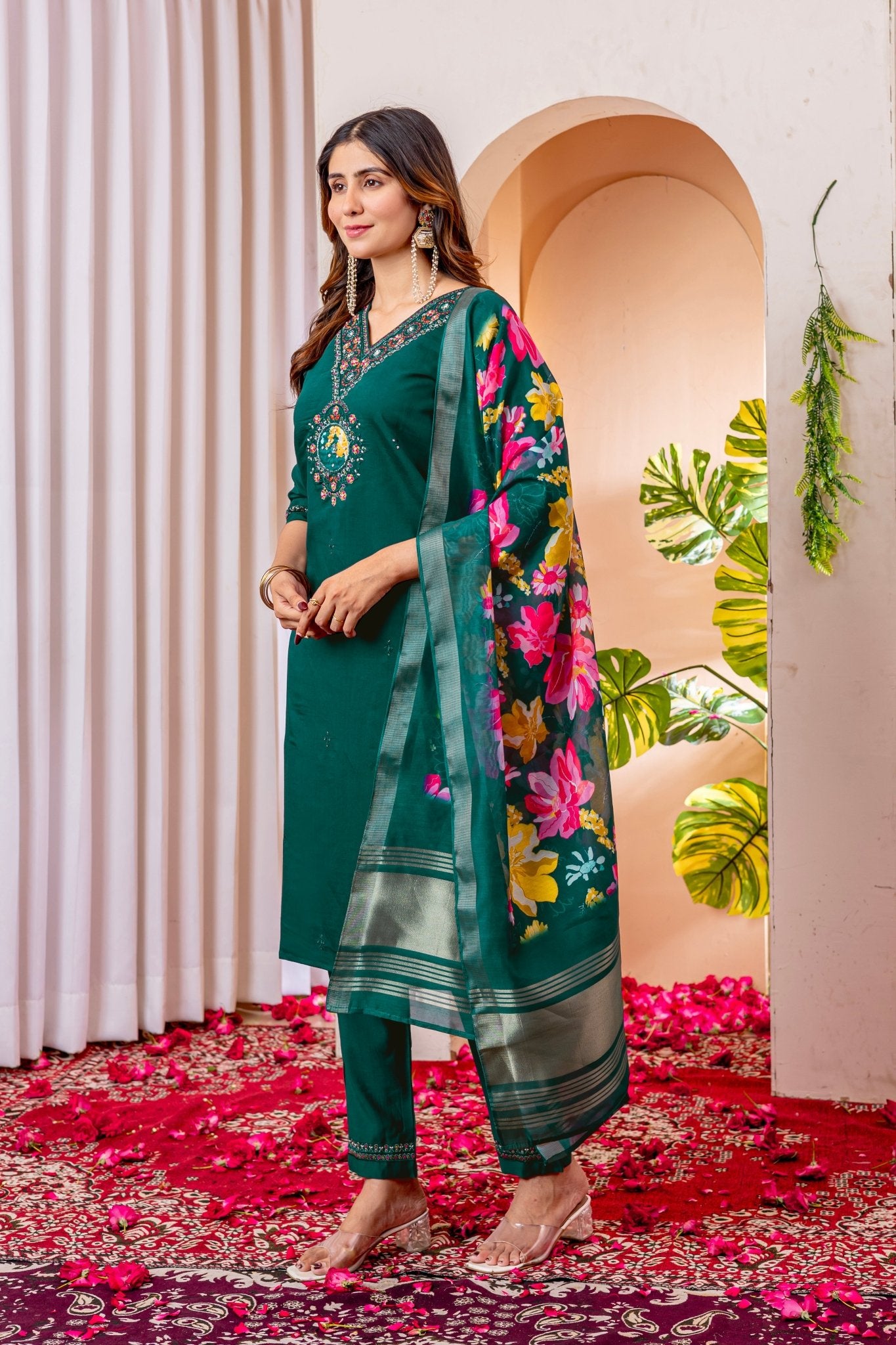Premium Embroidered Straight Kurti Pant Dupatta Set in Marina Viscose Silk - Kalanandi the art of timeless fashion - Straight Kurti Pant Dupatta Set