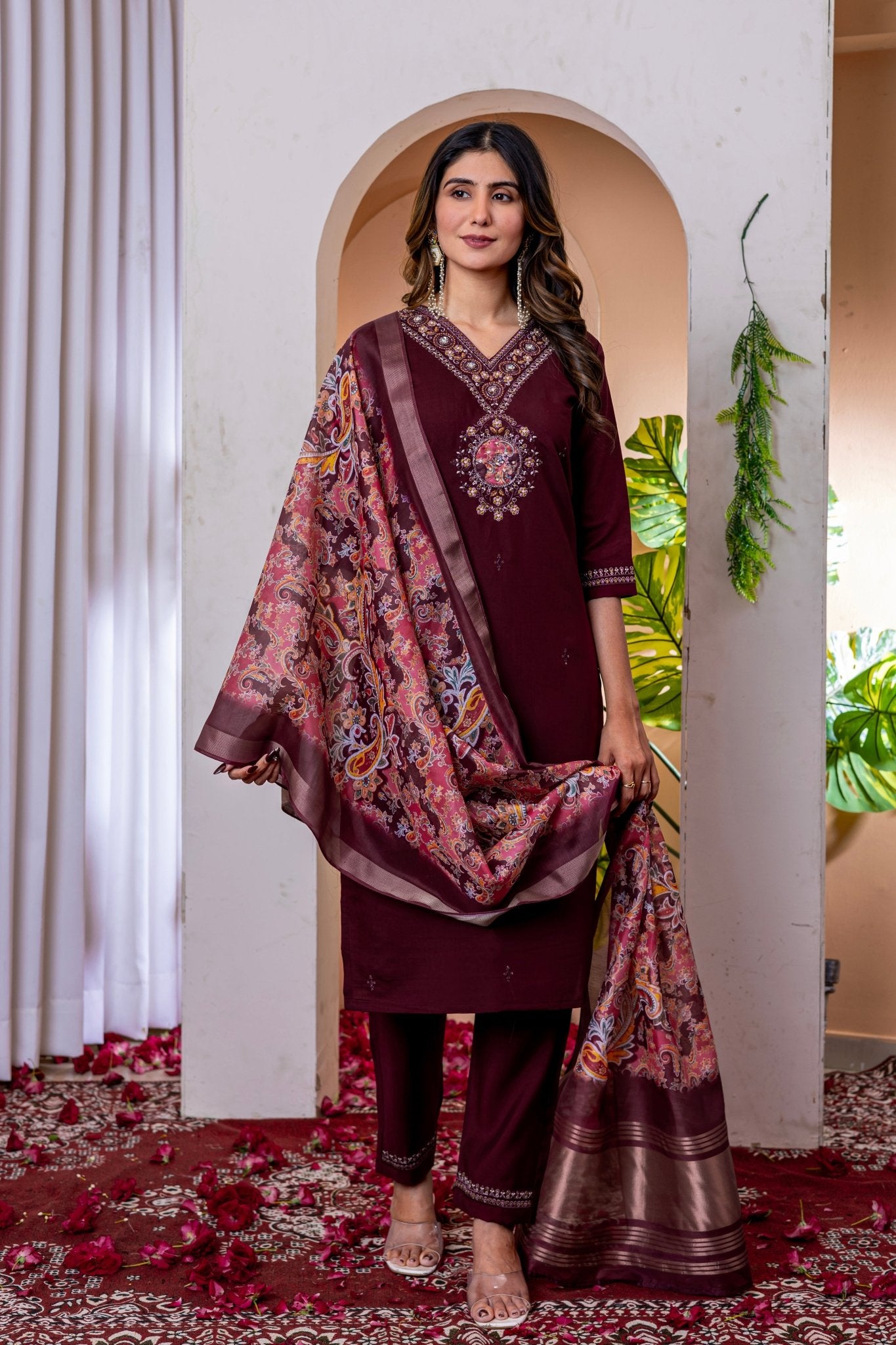 Premium Embroidered Straight Kurti Pant Dupatta Set in Marina Viscose Silk - Kalanandi the art of timeless fashion - Straight Kurti Pant Dupatta Set