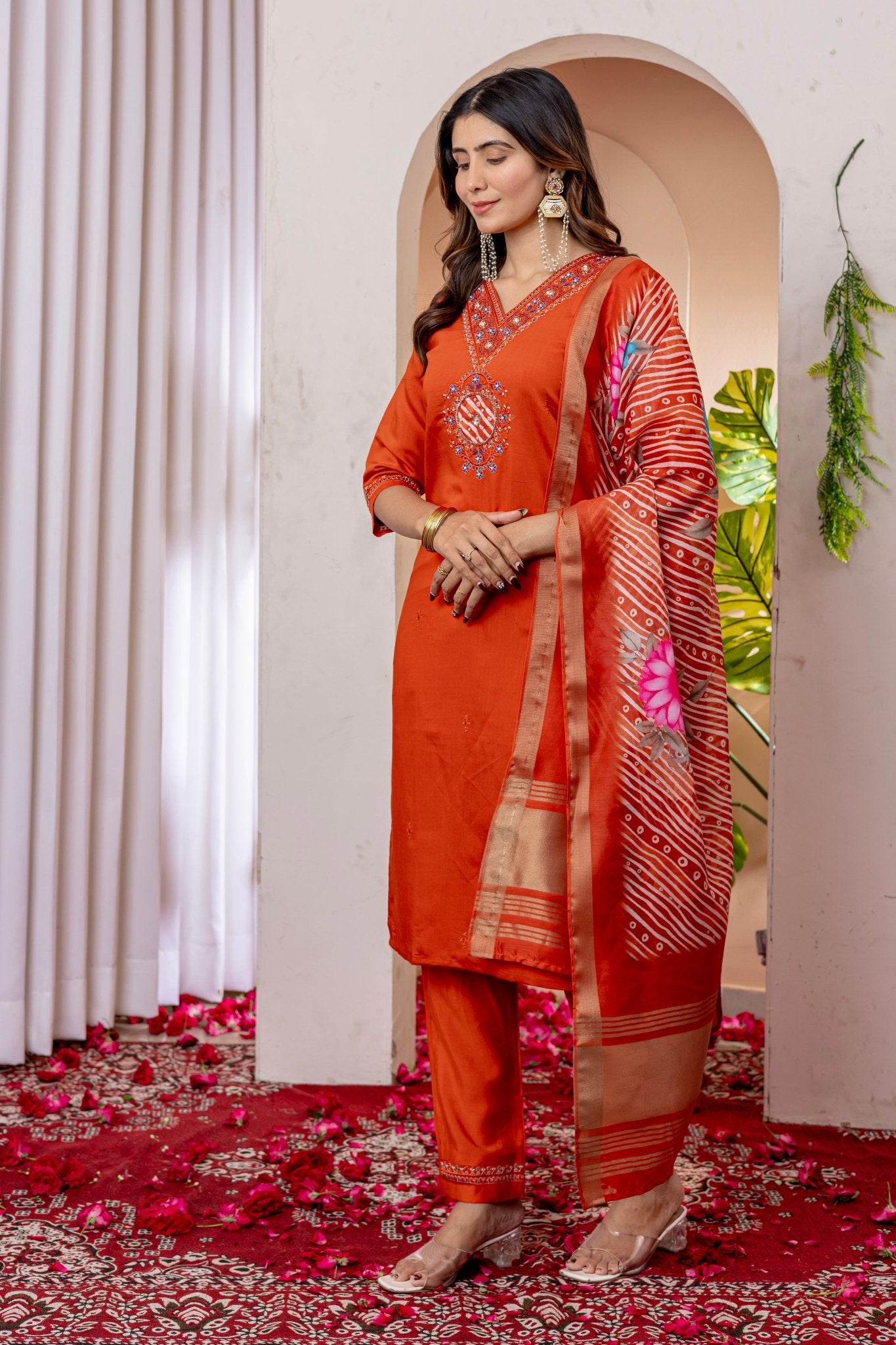 Premium Embroidered Straight Kurti Pant Dupatta Set in Marina Viscose Silk - Kalanandi the art of timeless fashion - Straight Kurti Pant Dupatta Set