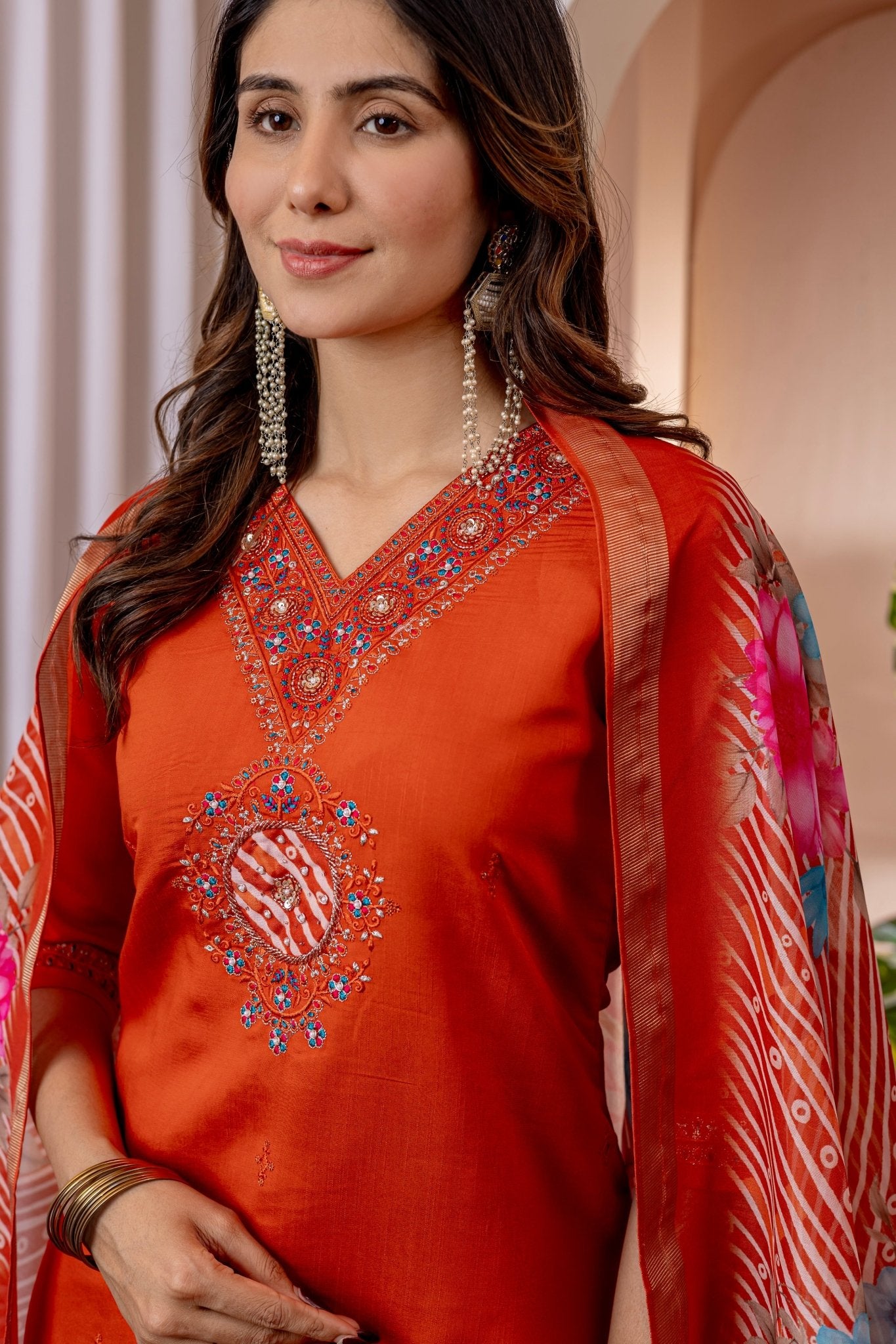 Premium Embroidered Straight Kurti Pant Dupatta Set in Marina Viscose Silk - Kalanandi the art of timeless fashion - Straight Kurti Pant Dupatta Set