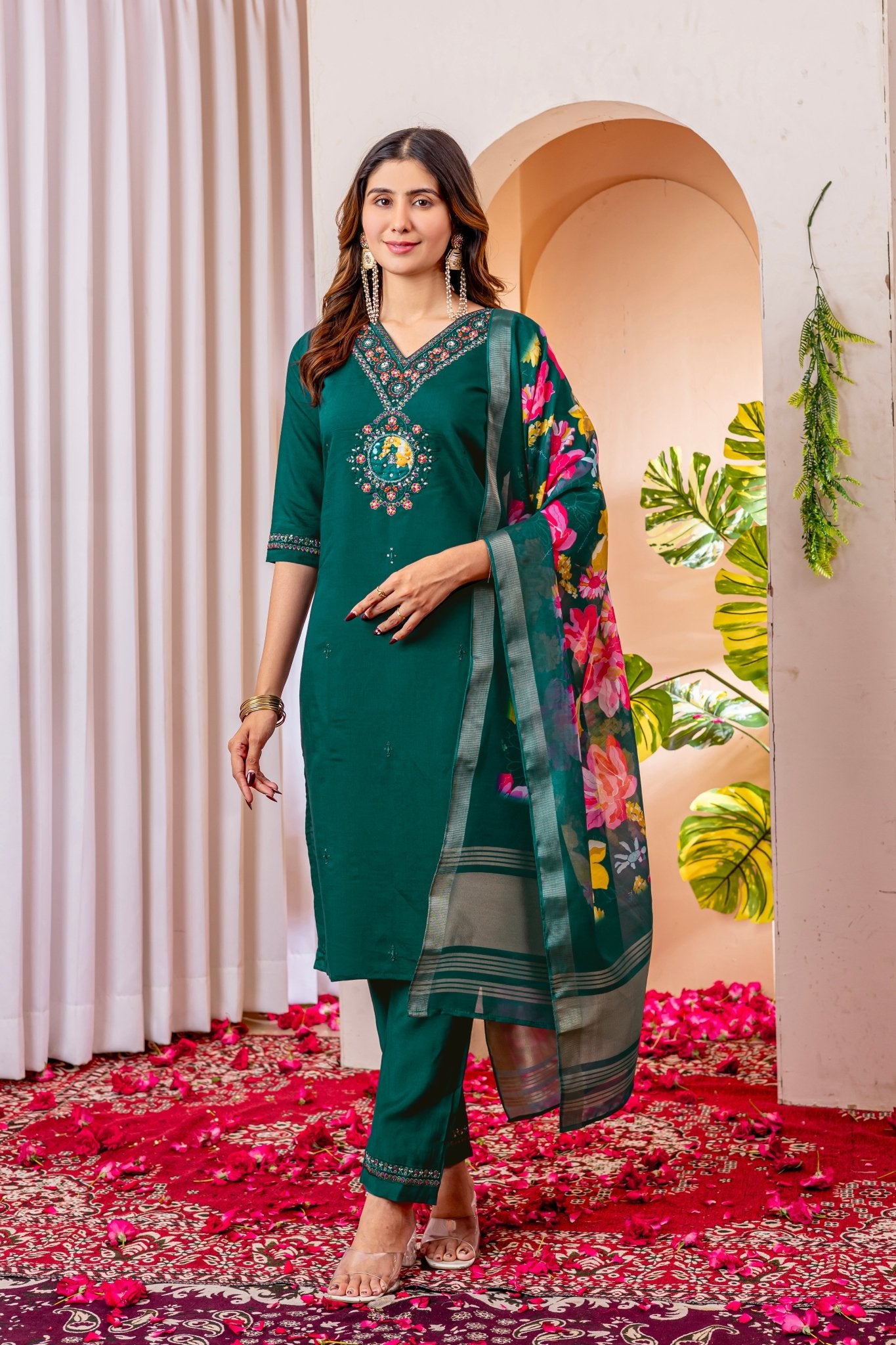 Premium Embroidered Straight Kurti Pant Dupatta Set in Marina Viscose Silk - Kalanandi the art of timeless fashion - Straight Kurti Pant Dupatta Set