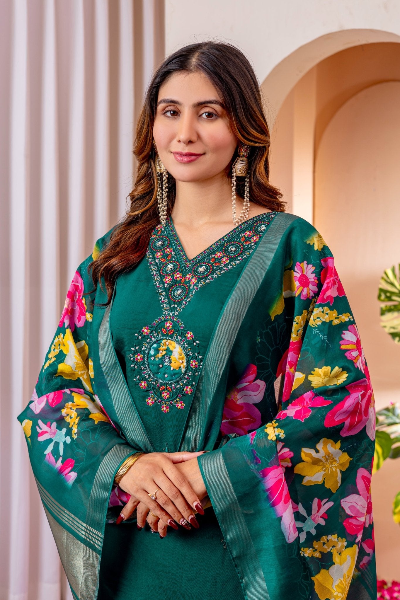 Premium Embroidered Straight Kurti Pant Dupatta Set in Marina Viscose Silk - Kalanandi the art of timeless fashion - Straight Kurti Pant Dupatta Set