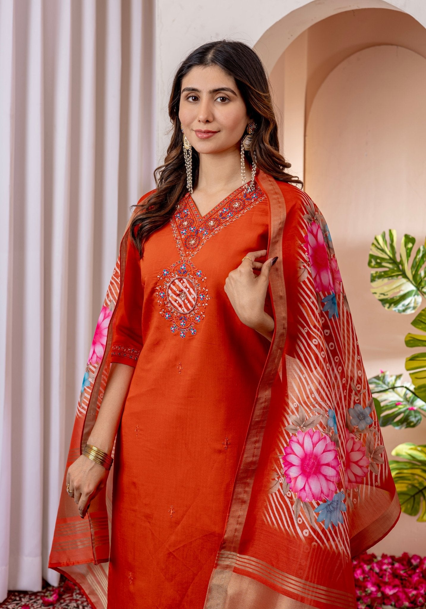 Premium Embroidered Straight Kurti Pant Dupatta Set in Marina Viscose Silk - Kalanandi the art of timeless fashion - Straight Kurti Pant Dupatta Set