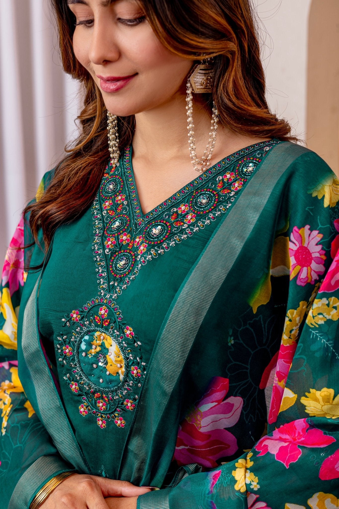 Premium Embroidered Straight Kurti Pant Dupatta Set in Marina Viscose Silk - Kalanandi the art of timeless fashion - Straight Kurti Pant Dupatta Set