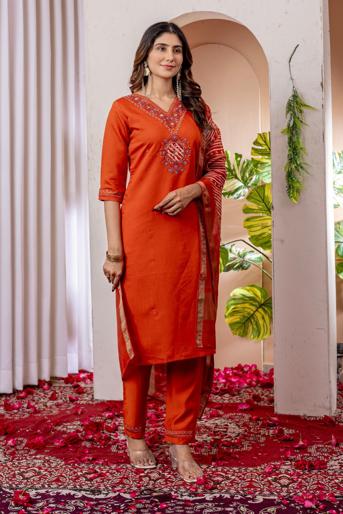 Premium Embroidered Straight Kurti Pant Dupatta Set in Marina Viscose Silk - Kalanandi the art of timeless fashion - Straight Kurti Pant Dupatta Set