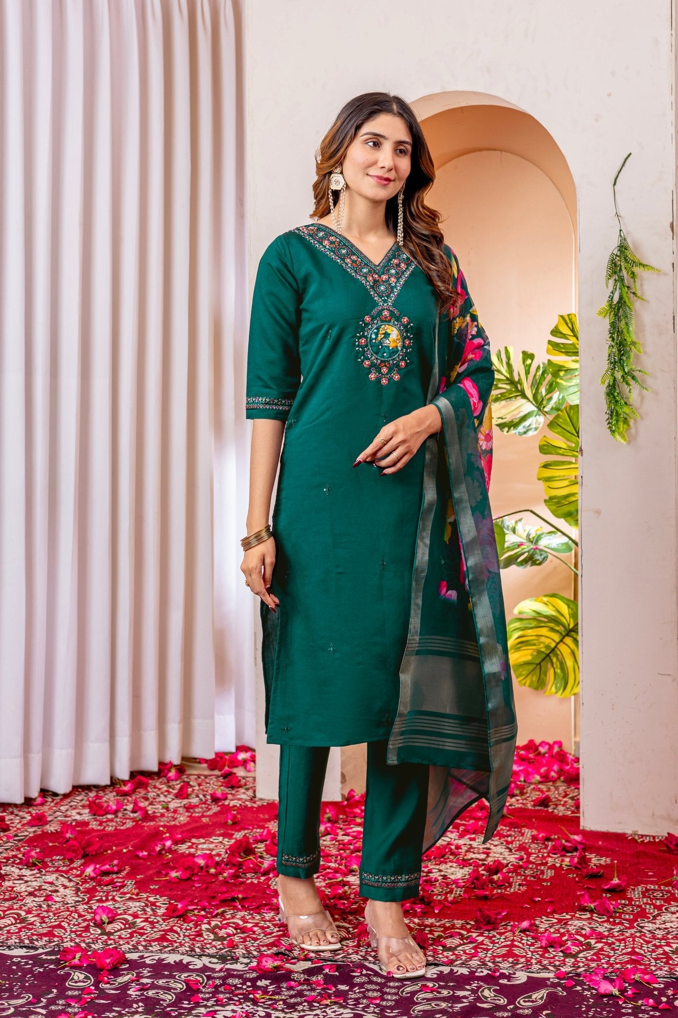 Premium Embroidered Straight Kurti Pant Dupatta Set in Marina Viscose Silk - Kalanandi the art of timeless fashion - Straight Kurti Pant Dupatta Set