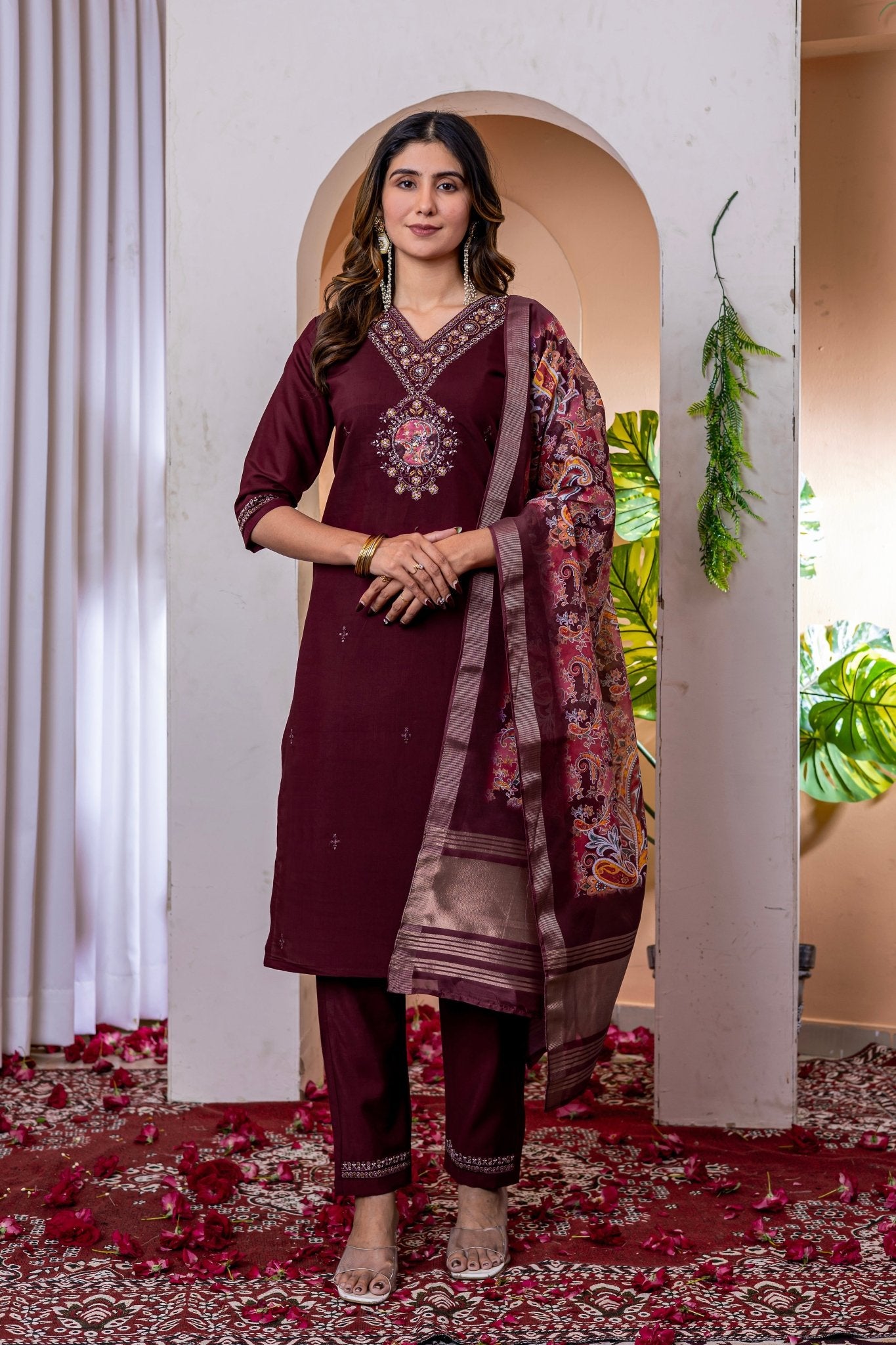 Premium Embroidered Straight Kurti Pant Dupatta Set in Marina Viscose Silk - Kalanandi the art of timeless fashion - Straight Kurti Pant Dupatta Set