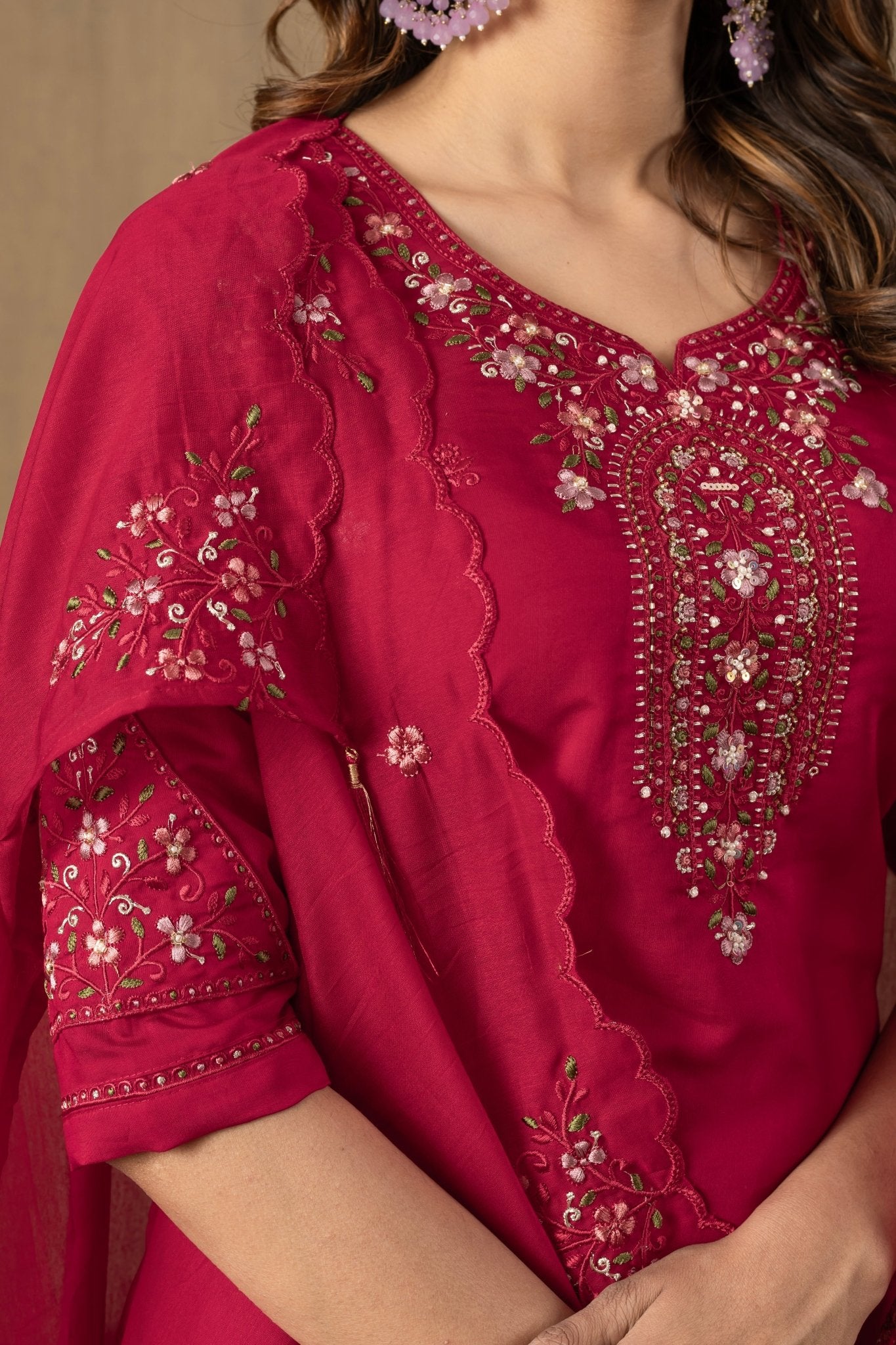 Premium Floral Embroidered Kurti Dupatta Set for Festive Wear - Kalanandi the art of timeless fashion - Straight Kurti Pant Dupatta Set