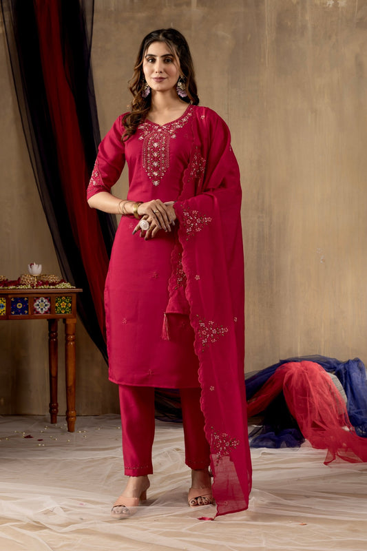 Premium Floral Embroidered Kurti Dupatta Set for Festive Wear - Kalanandi the art of timeless fashion - Straight Kurti Pant Dupatta Set