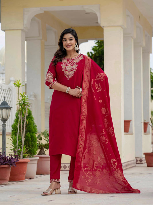 Premium Roman Silk Embroidered Kurti Pant Dupatta Set for Women - Kalanandi the art of timeless fashion - Straight Kurti Pant Dupatta Set