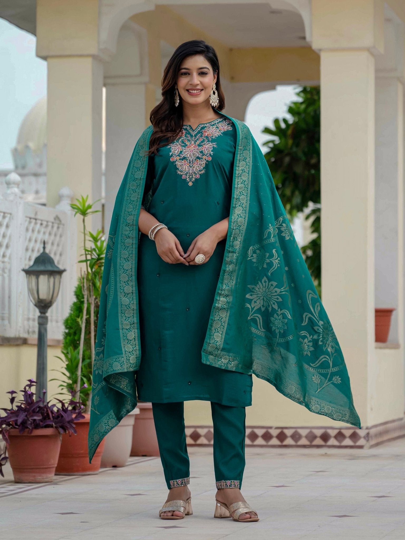 Premium Roman Silk Embroidered Kurti Pant Dupatta Set for Women - Kalanandi the art of timeless fashion - Straight Kurti Pant Dupatta Set
