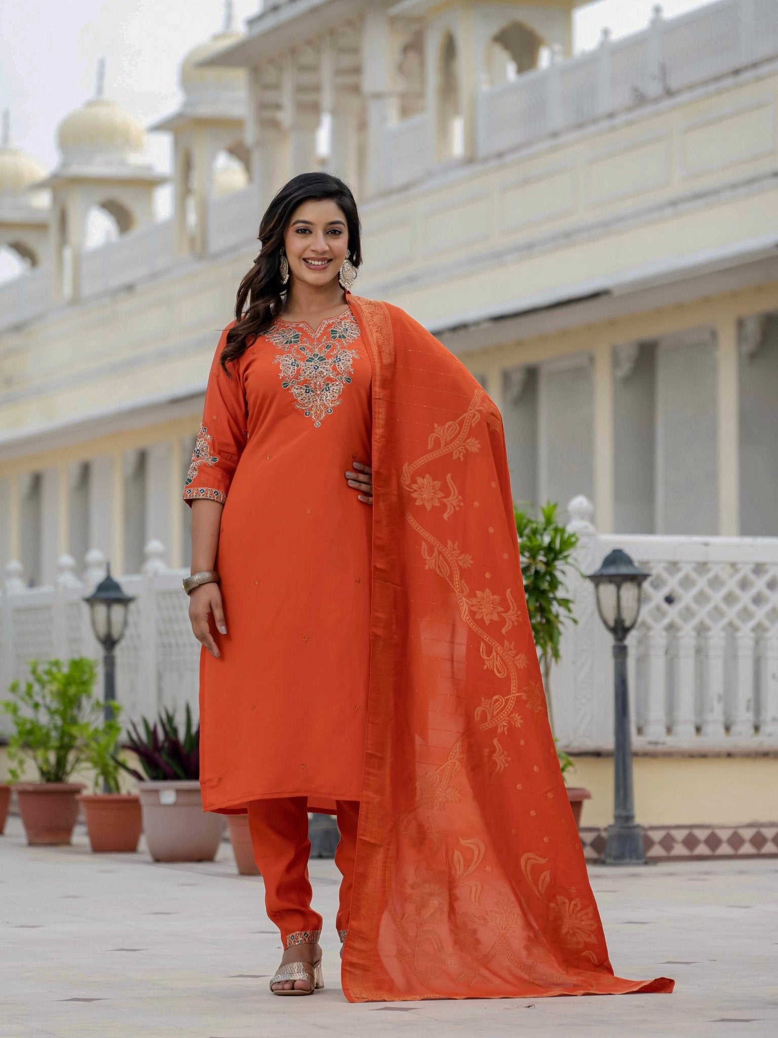 Premium Roman Silk Embroidered Kurti Pant Dupatta Set for Women - Kalanandi the art of timeless fashion - Straight Kurti Pant Dupatta Set