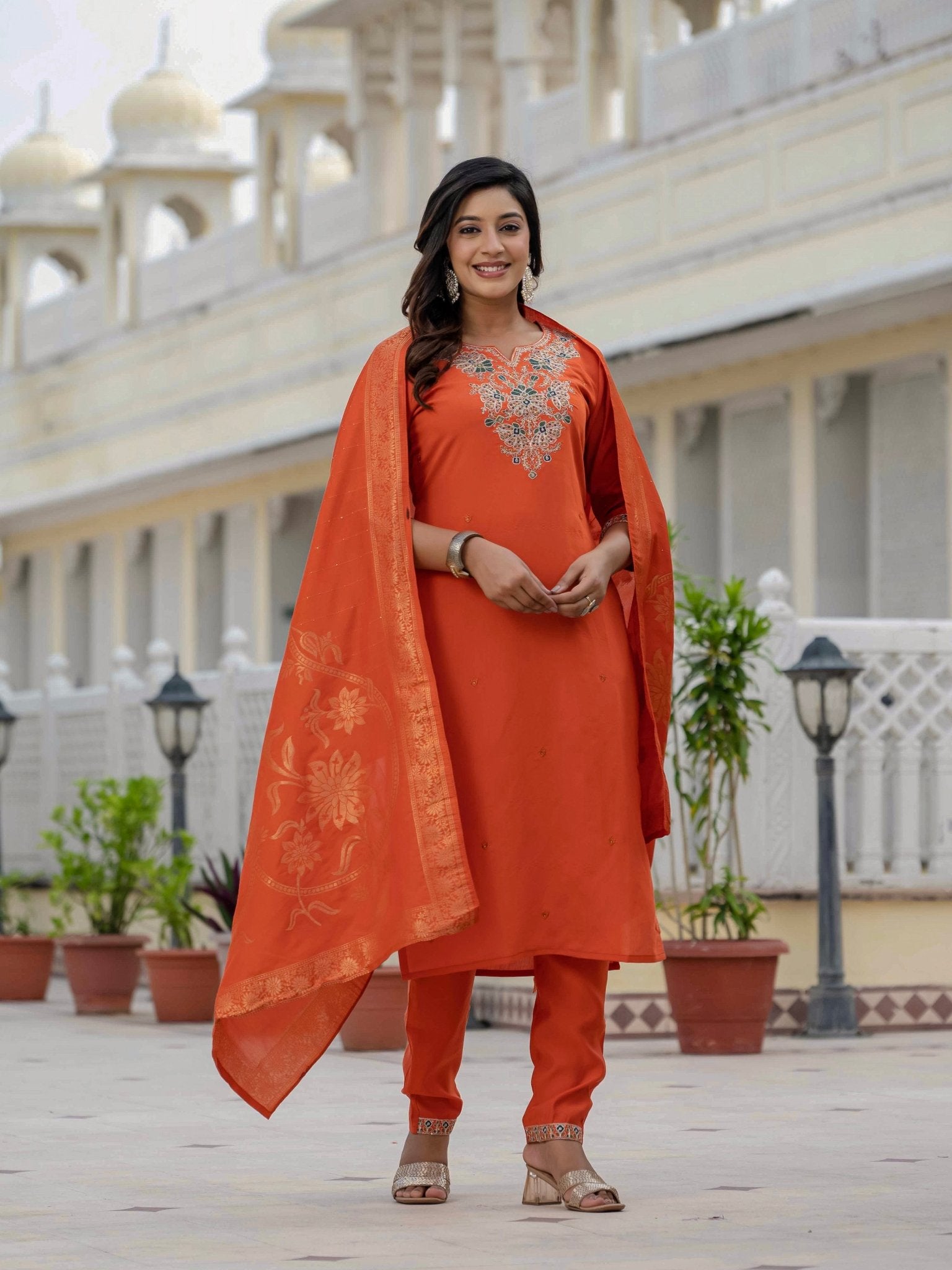 Premium Roman Silk Embroidered Kurti Pant Dupatta Set for Women - Kalanandi the art of timeless fashion - Straight Kurti Pant Dupatta Set