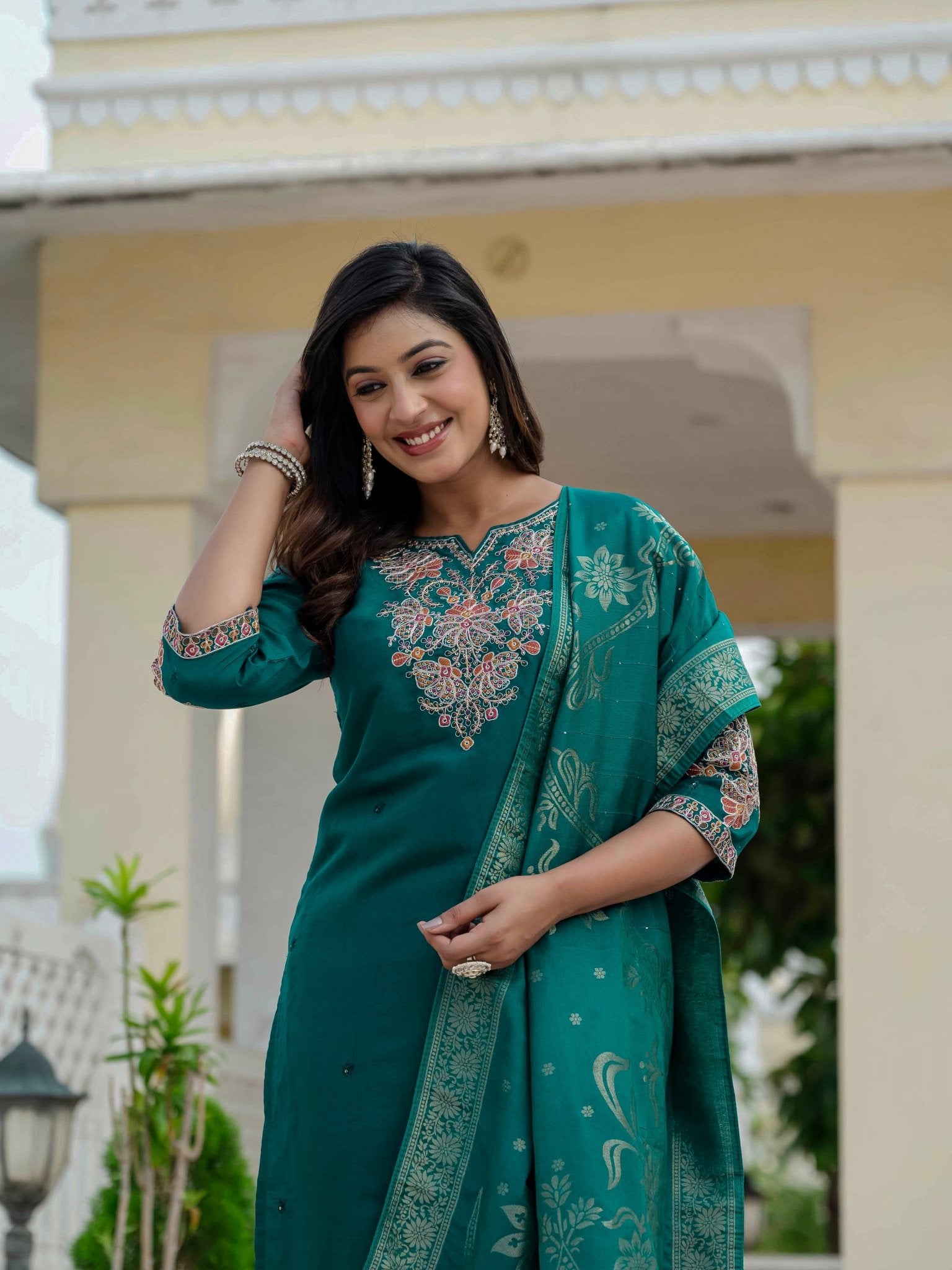 Premium Roman Silk Embroidered Kurti Pant Dupatta Set for Women - Kalanandi the art of timeless fashion - Straight Kurti Pant Dupatta Set