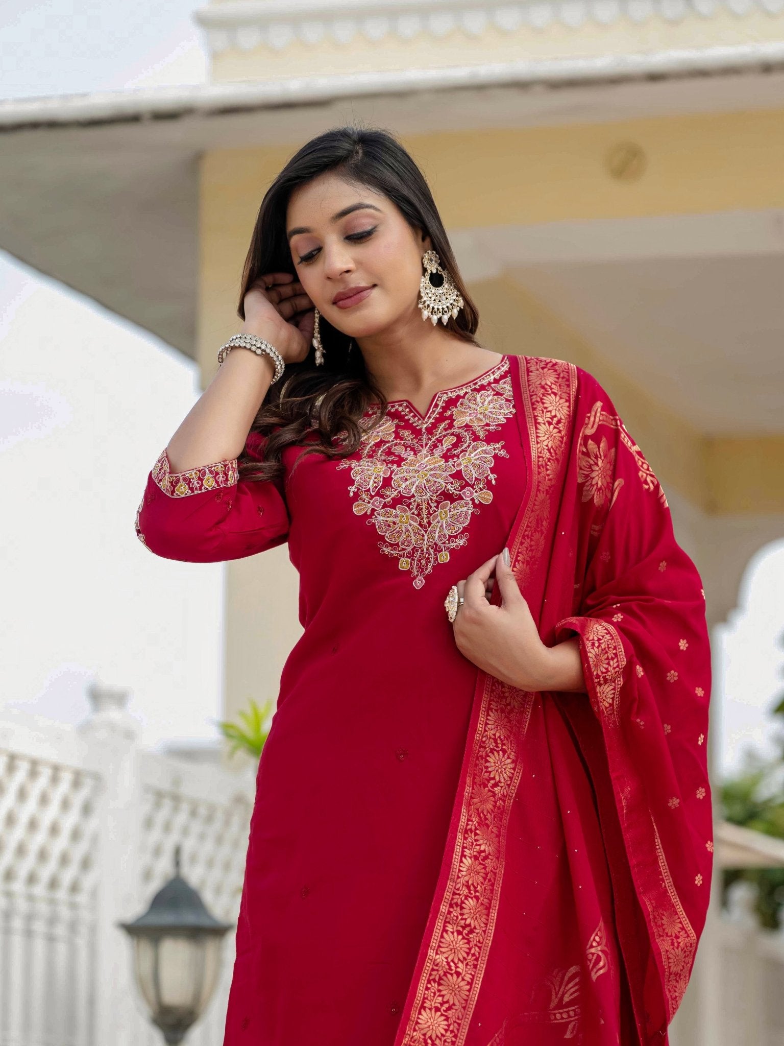 Premium Roman Silk Embroidered Kurti Pant Dupatta Set for Women - Kalanandi the art of timeless fashion - Straight Kurti Pant Dupatta Set