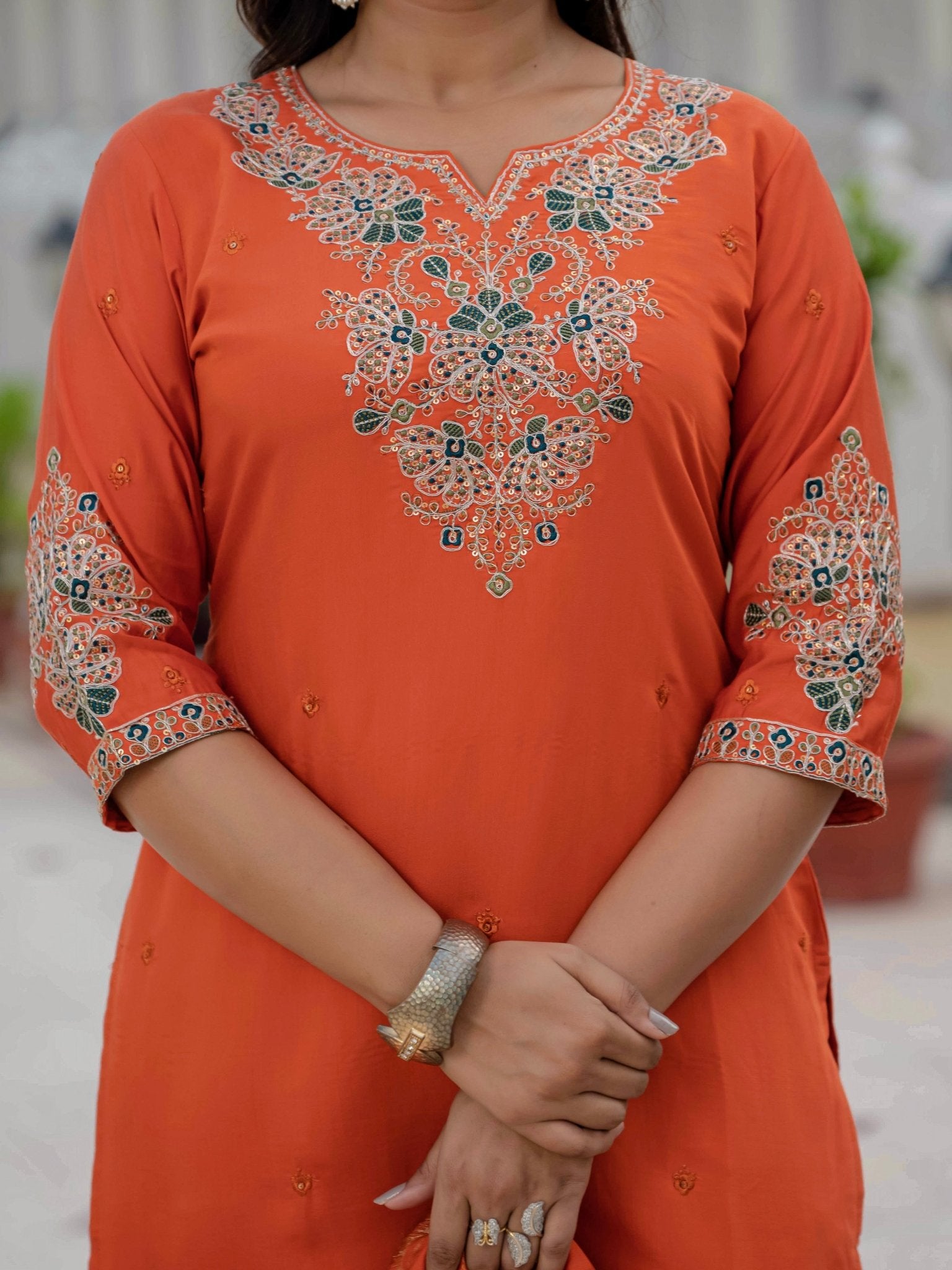 Premium Roman Silk Embroidered Kurti Pant Dupatta Set for Women - Kalanandi the art of timeless fashion - Straight Kurti Pant Dupatta Set