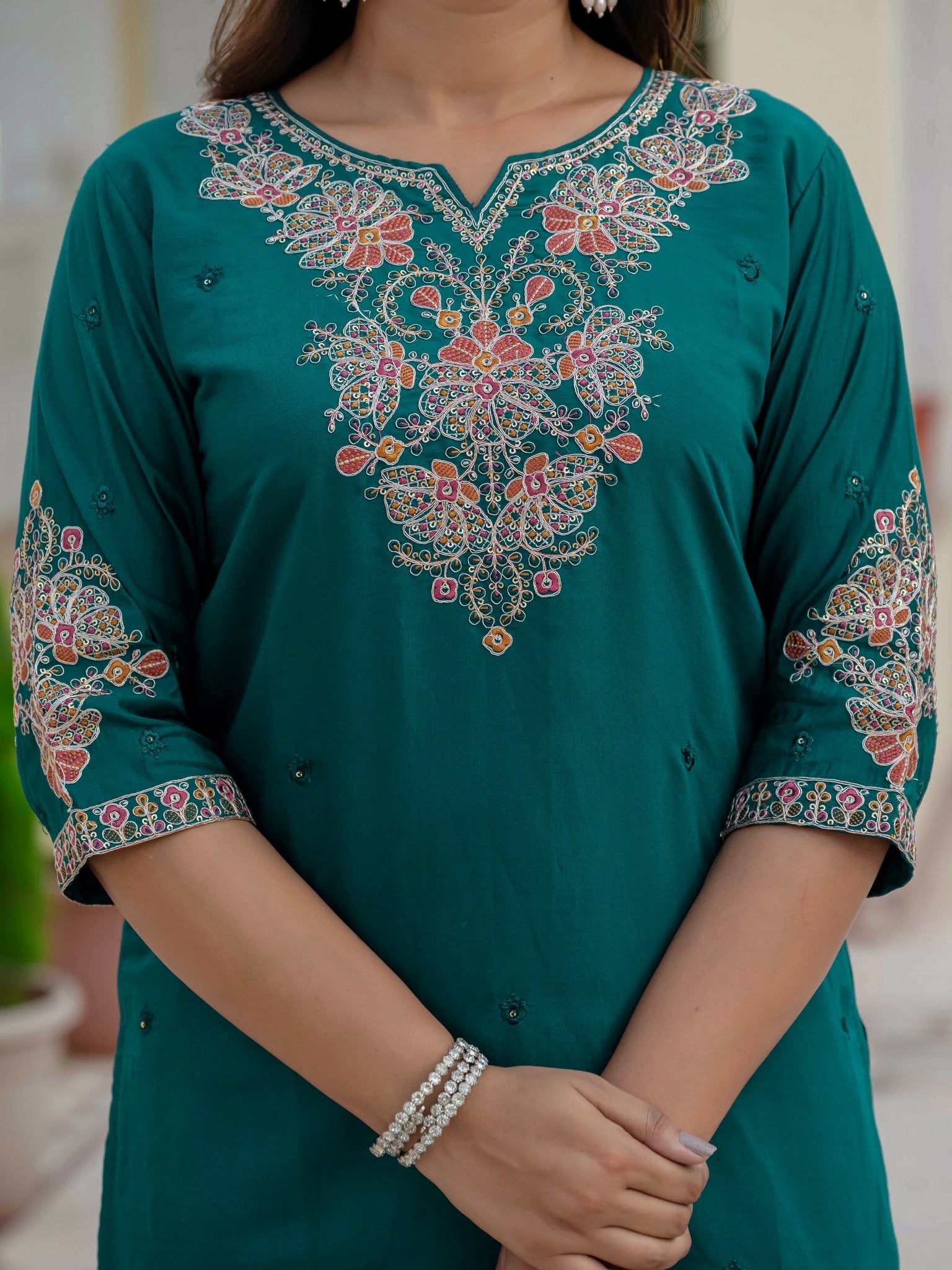 Premium Roman Silk Embroidered Kurti Pant Dupatta Set for Women - Kalanandi the art of timeless fashion - Straight Kurti Pant Dupatta Set