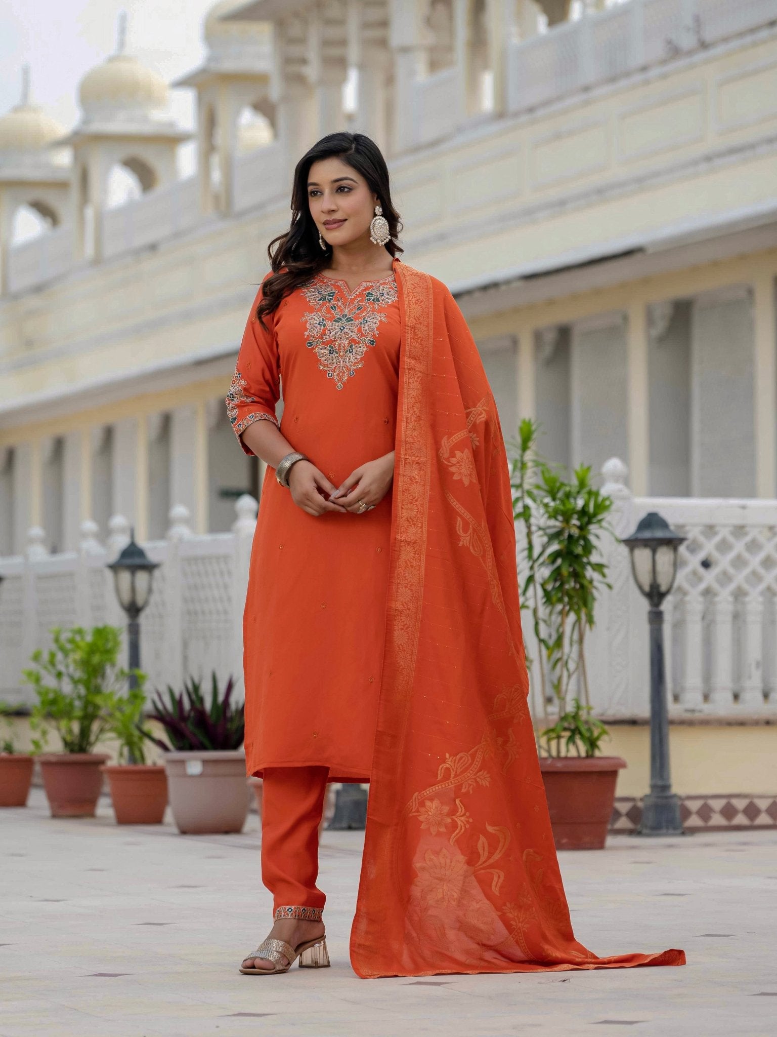 Premium Roman Silk Embroidered Kurti Pant Dupatta Set for Women - Kalanandi the art of timeless fashion - Straight Kurti Pant Dupatta Set