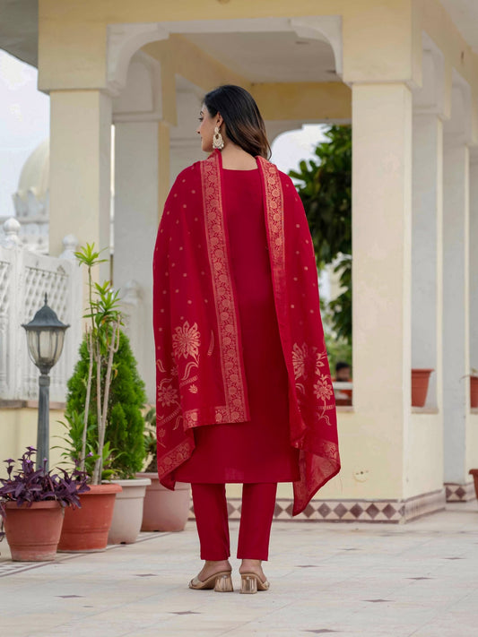 Premium Roman Silk Embroidered Kurti Pant Dupatta Set for Women - Kalanandi the art of timeless fashion - Straight Kurti Pant Dupatta Set