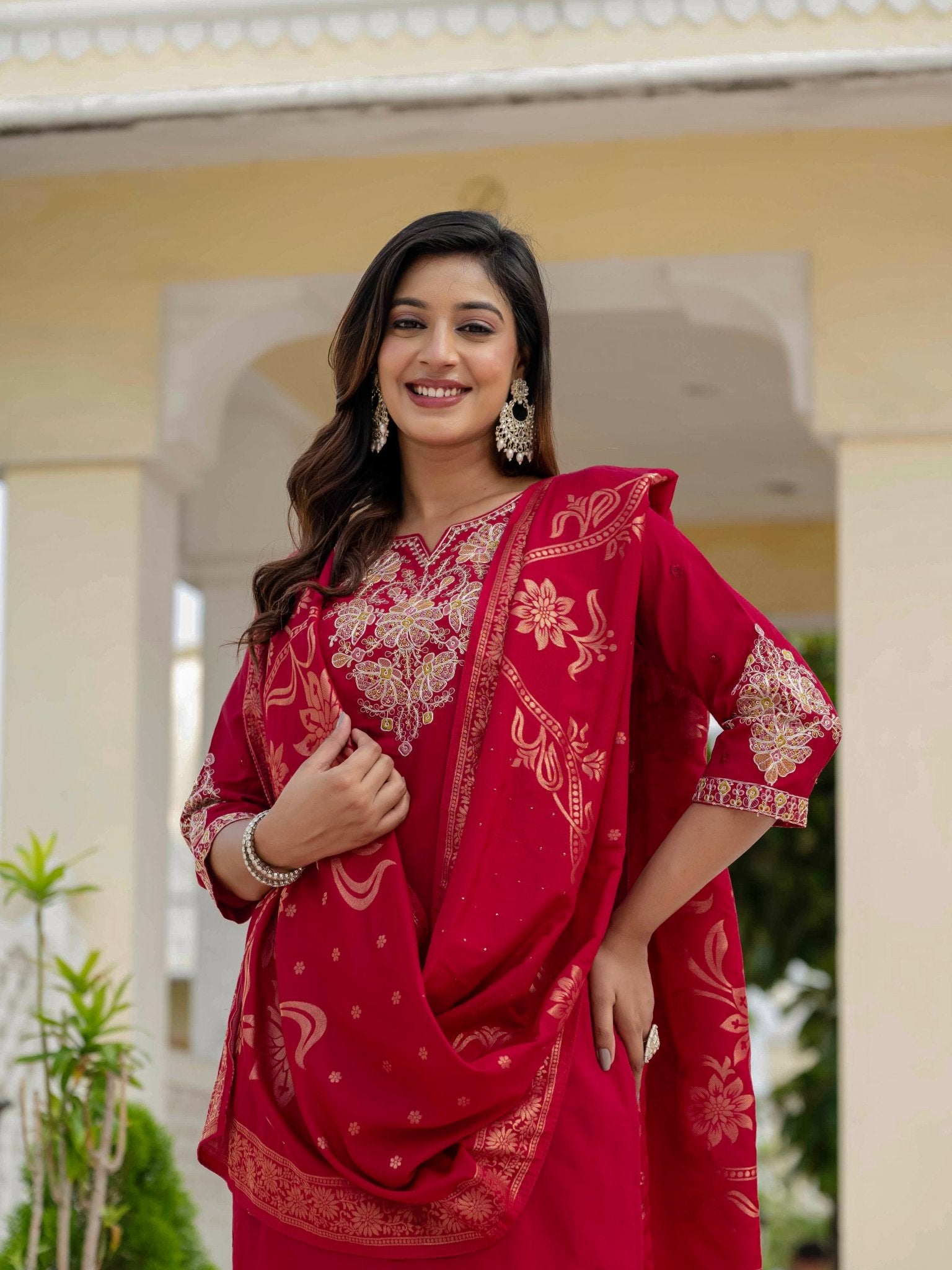 Premium Roman Silk Embroidered Kurti Pant Dupatta Set for Women - Kalanandi the art of timeless fashion - Straight Kurti Pant Dupatta Set