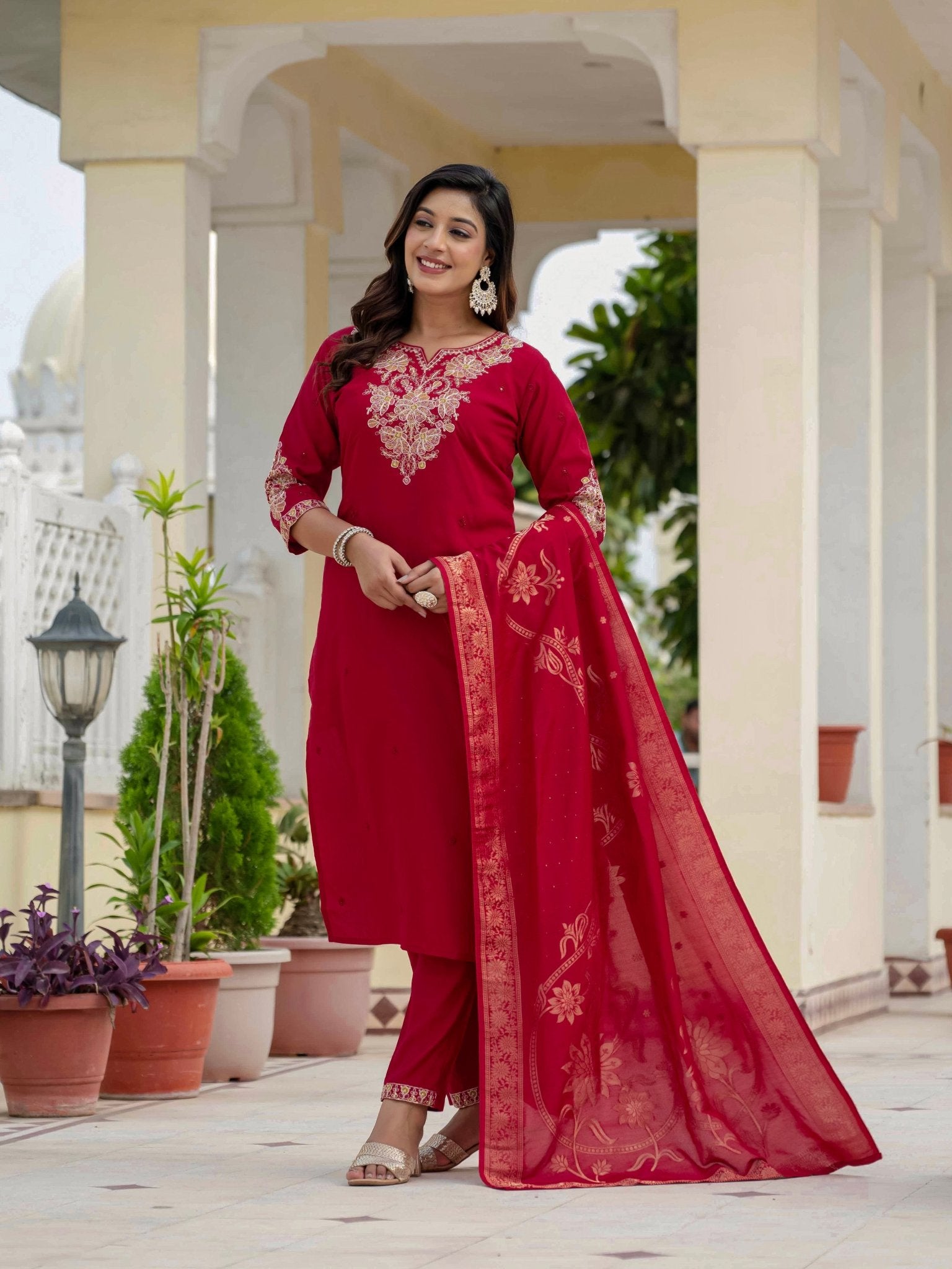 Premium Roman Silk Embroidered Kurti Pant Dupatta Set for Women - Kalanandi the art of timeless fashion - Straight Kurti Pant Dupatta Set