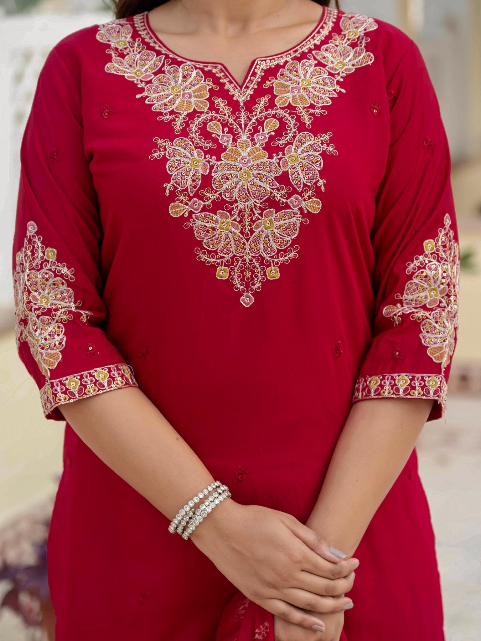 Premium Roman Silk Embroidered Kurti Pant Dupatta Set for Women - Kalanandi the art of timeless fashion - Straight Kurti Pant Dupatta Set