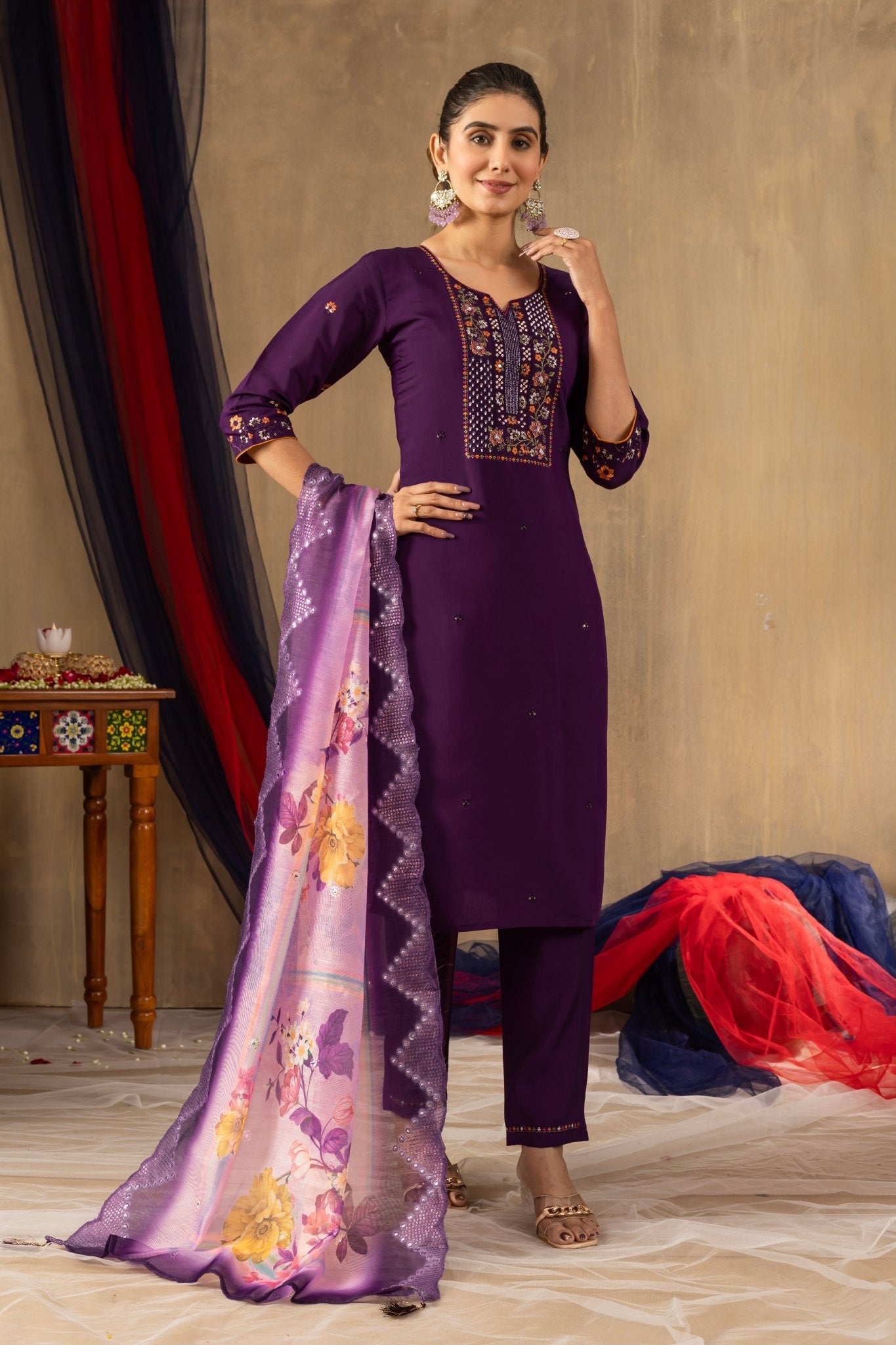 Premium Straight Kurti Set with Thread Embroidery & Printed Dupatta - Kalanandi the art of timeless fashion - Straight Kurti Pant Dupatta Set