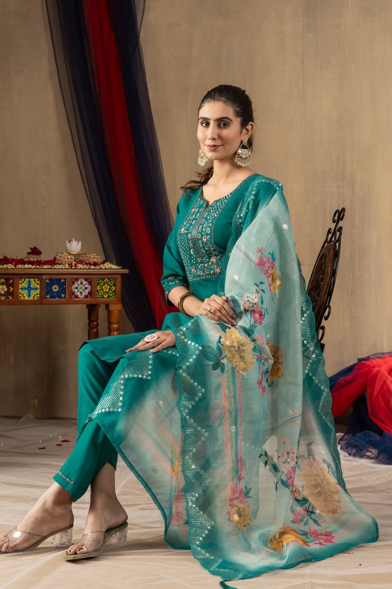 Premium Straight Kurti Set with Thread Embroidery & Printed Dupatta - Kalanandi the art of timeless fashion - Straight Kurti Pant Dupatta Set