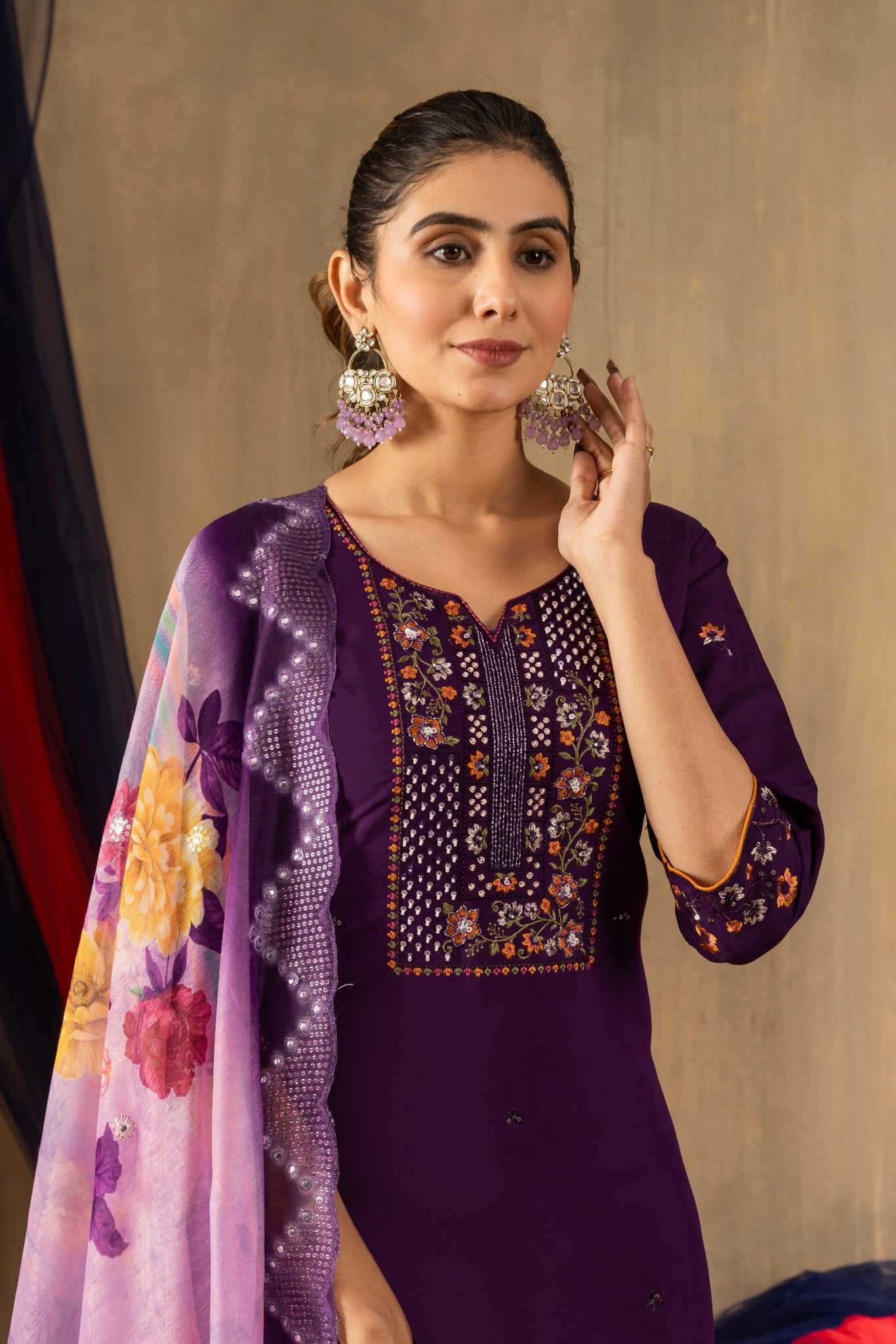 Premium Straight Kurti Set with Thread Embroidery & Printed Dupatta - Kalanandi the art of timeless fashion - Straight Kurti Pant Dupatta Set