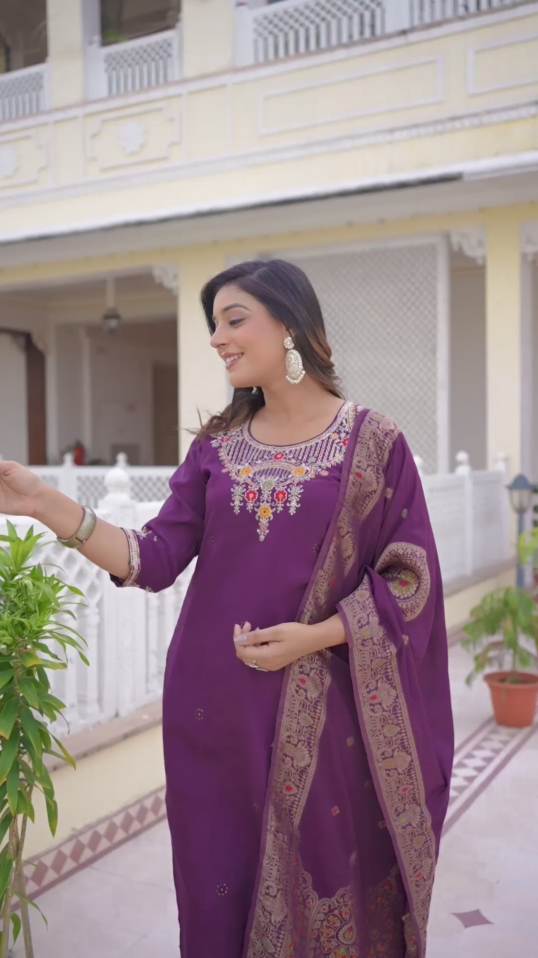 Roman Silk Embroidered Kurti Pant Dupatta Set for Women