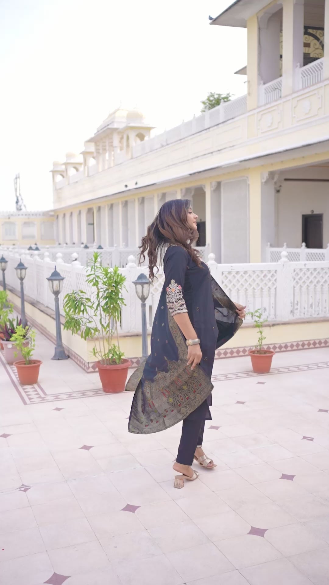Roman Silk Embroidered Kurti Pant Dupatta Set for Women